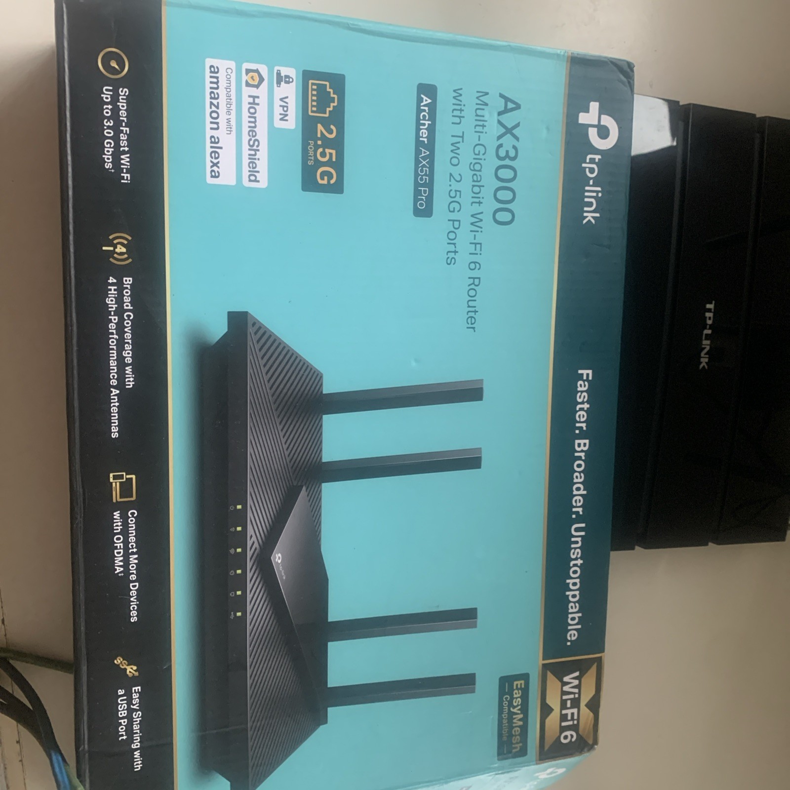 Tp Link AX 3000 multi-gigabit Wi-Fi 6 router with two 2.5 G ports.