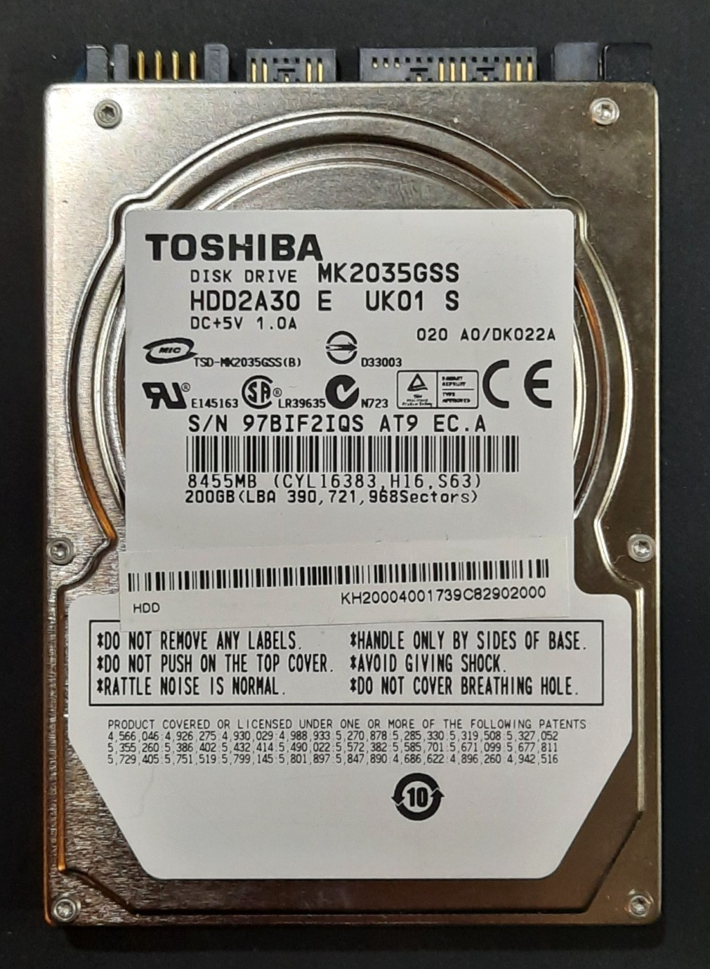 Toshiba MK2035GSS SATA 200GB  HDD2A30 4200 RPM 2.5 in 8GB Cache Notebook HDD