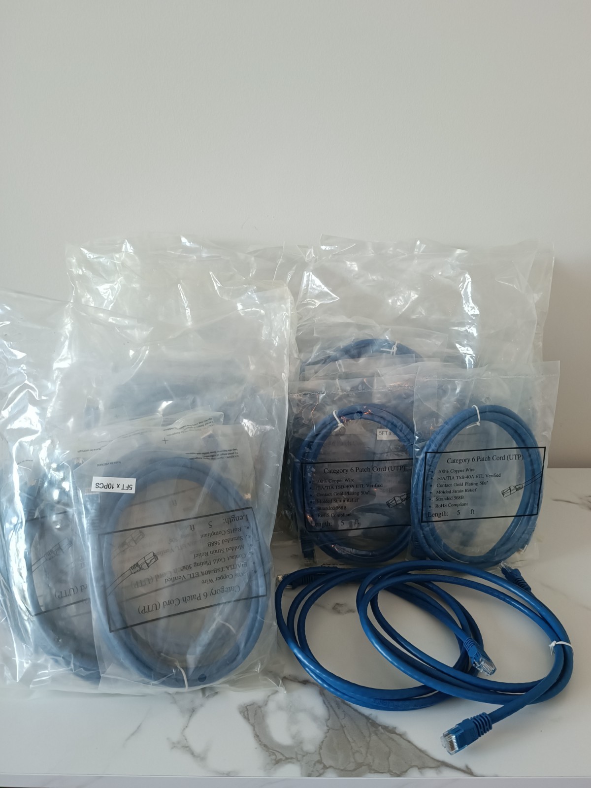 Lot of 74 Cat6 Ethernet Cables 5ft Blue UTP 100% Pure Copper Patch Cords New