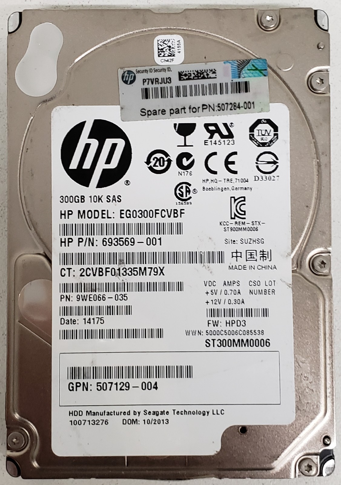 HP EG0300FCVBF 300GB 2.5" 10K RPM 6Gb/s SAS Enterprise HDD P/N: 693569-001.