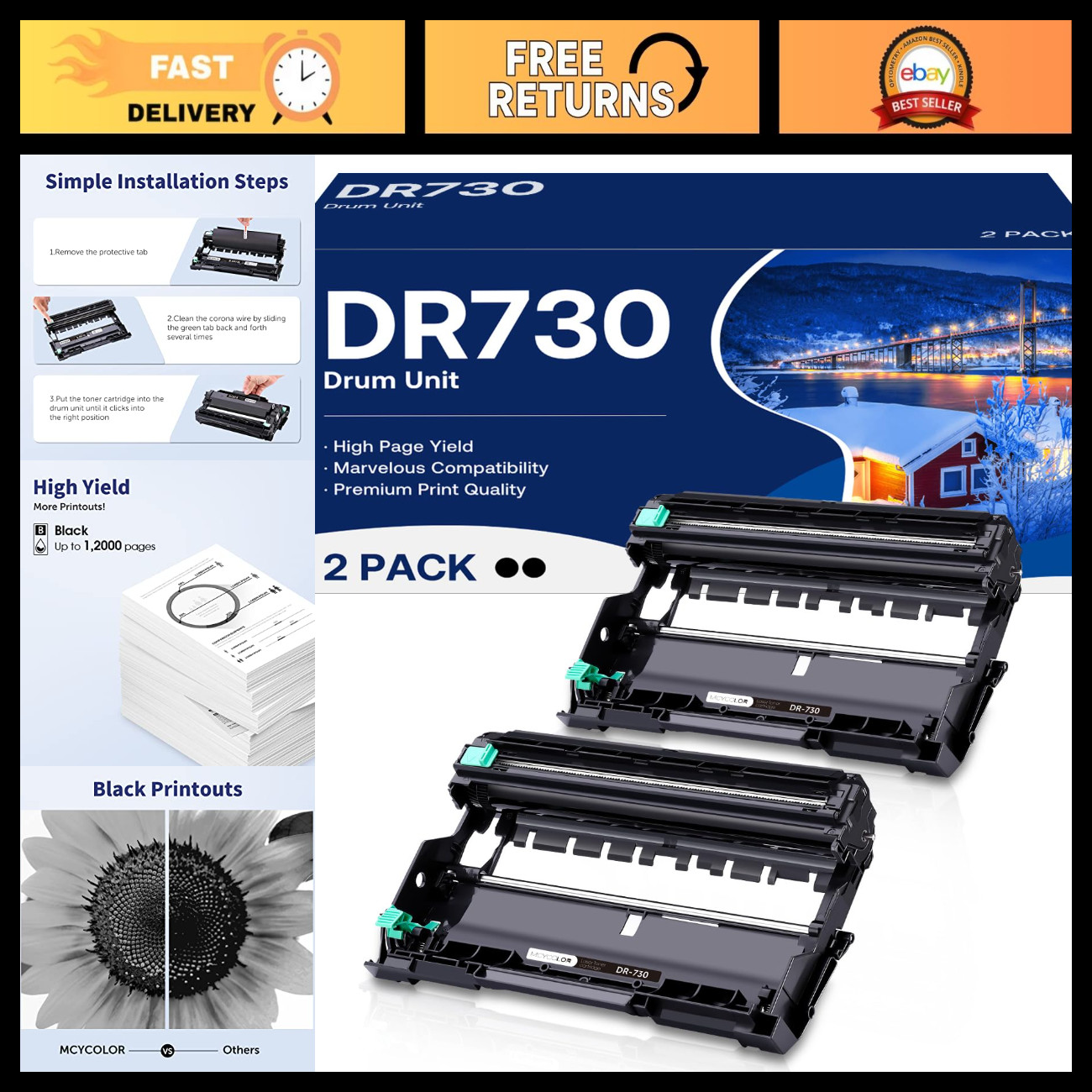 2 Pack Compatible Drum Unit Replacement for Brother DR730 - MFC-L2710DW, HL-L239