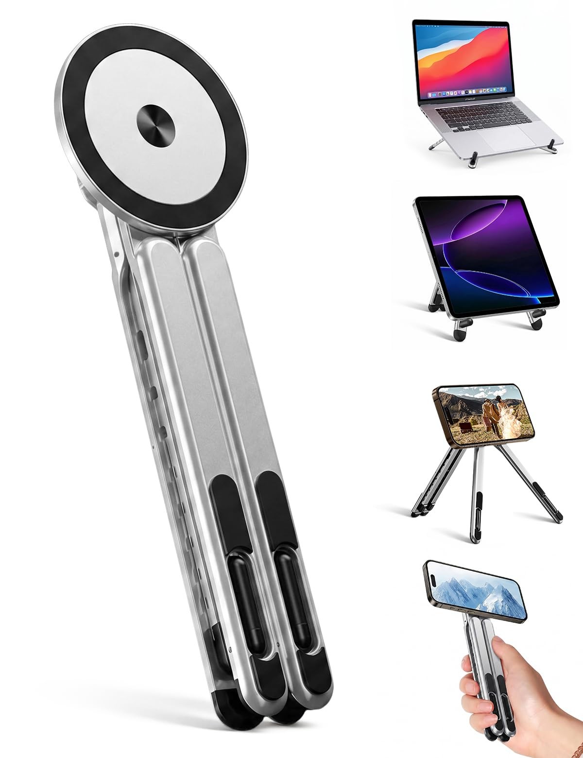 4-in-1 Foldable Laptop Stand Magnetic Phone Holder Silver for MacBook iPad