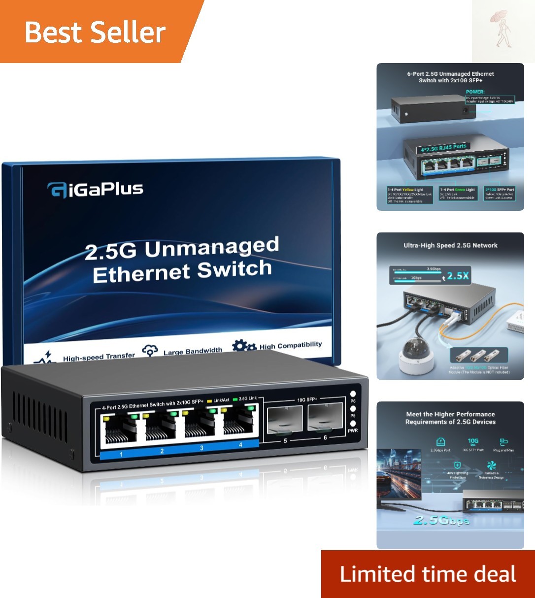 6 Ports 2.5Gb Unmanaged Ethernet Switch with 4* 2.5G Base-T Ports, 2* 10G SFP...