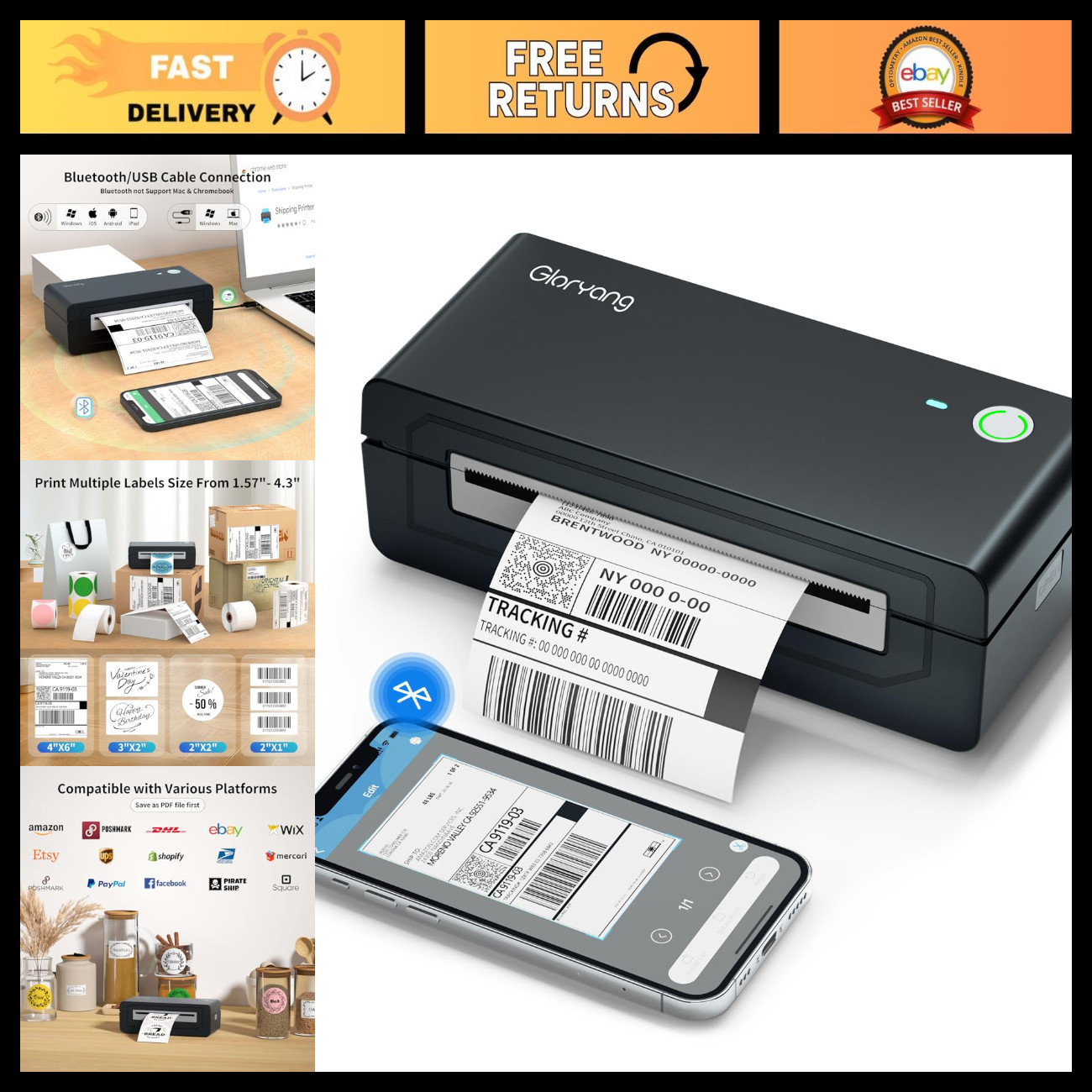 Bluetooth Thermal Shipping Label Printer - 4x6 Inkless Wireless Label Maker for