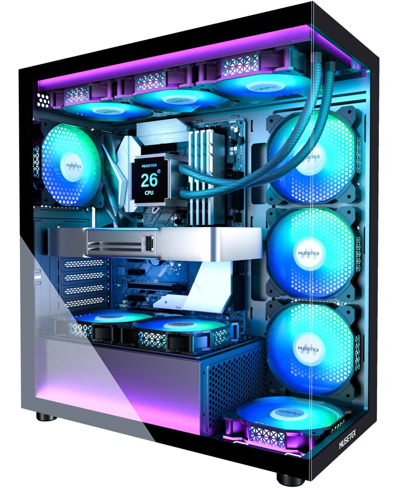 K2 ATX Mid Tower PC Case 7 PWM ARGB Fans USB-C Dual Tempered Glass Black