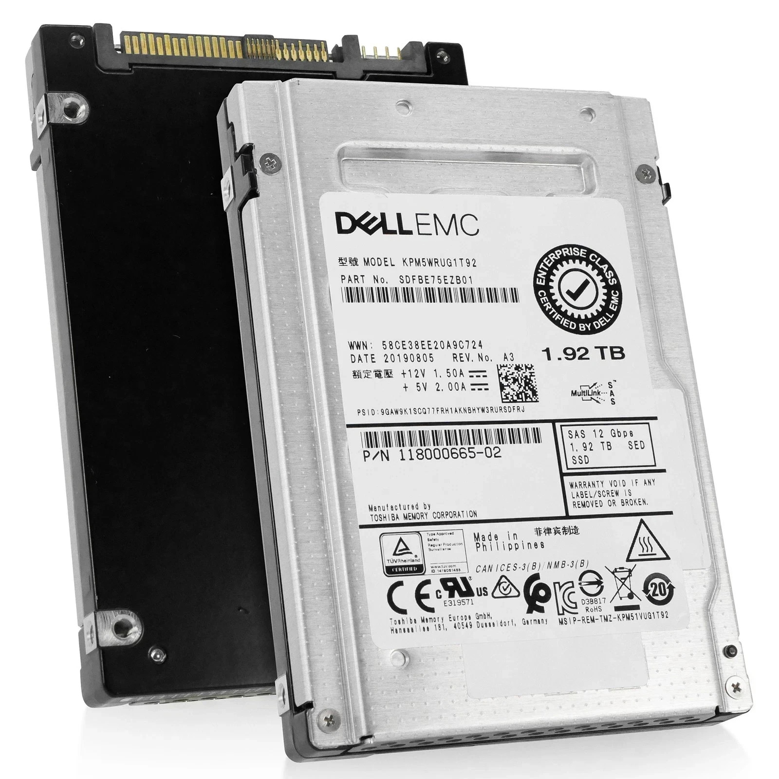 Dell EMC 1.92TB SAS 12Gbps SSD KIOXIA PM5 KPM5WRUG1T92 SDFBE75EZB01 SED