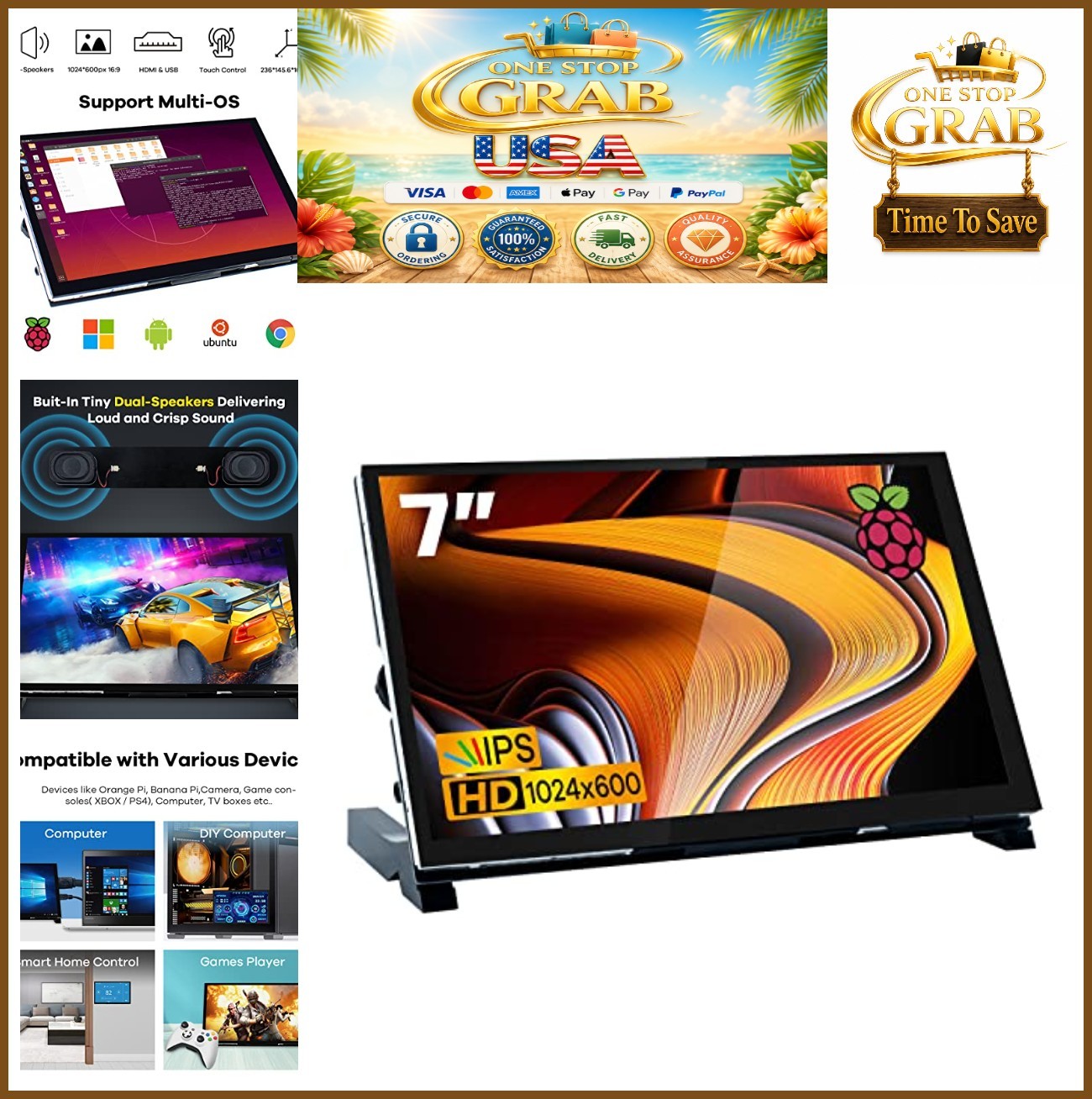 7 Inch IPS LCD Touch Screen Monitor 1024x600 HDMI for Raspberry Pi