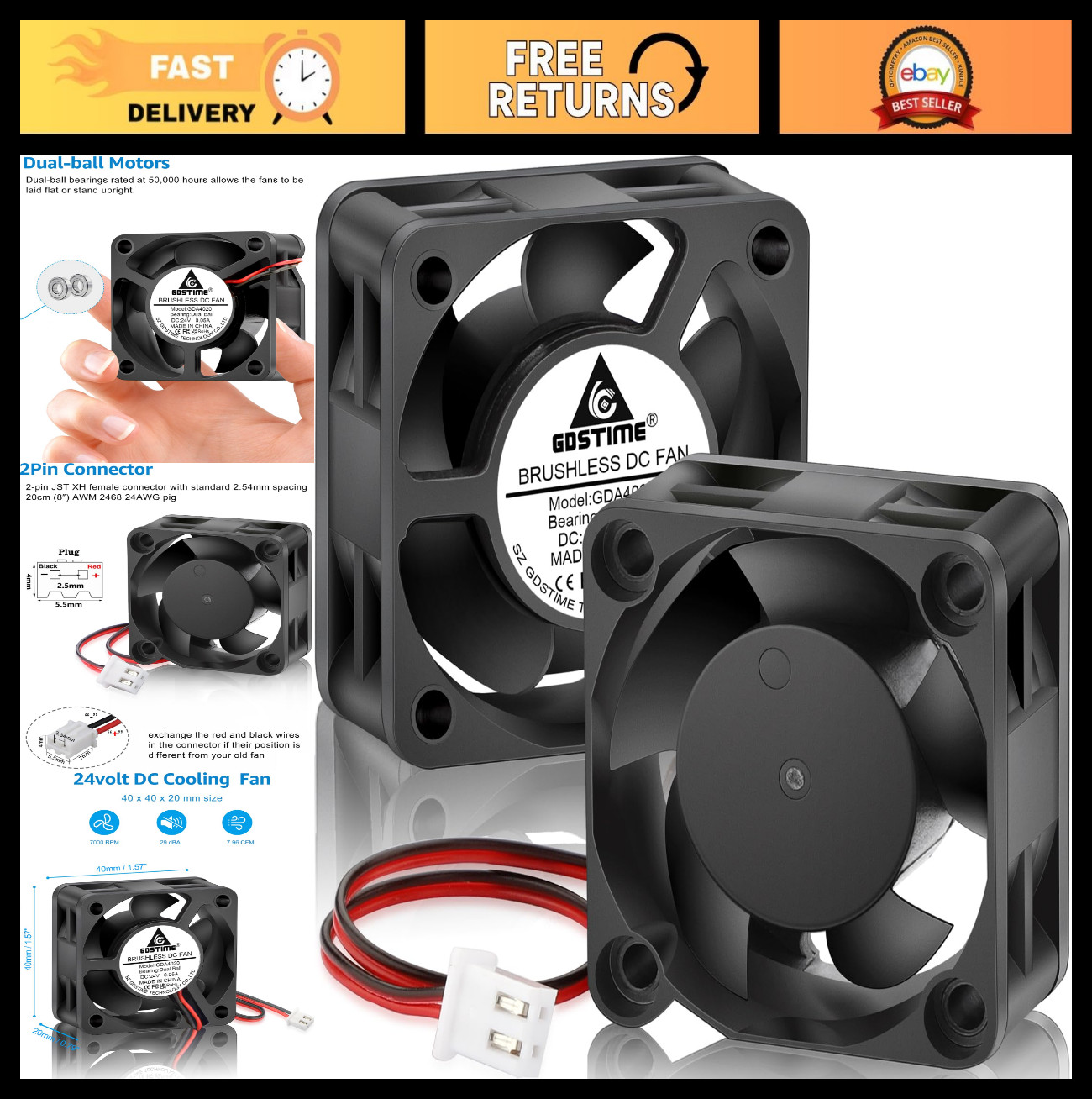 40mm 24V Brushless Cooling Fans - 2-Pack, Dual Ball Bearing, Upgrade for Ender 3