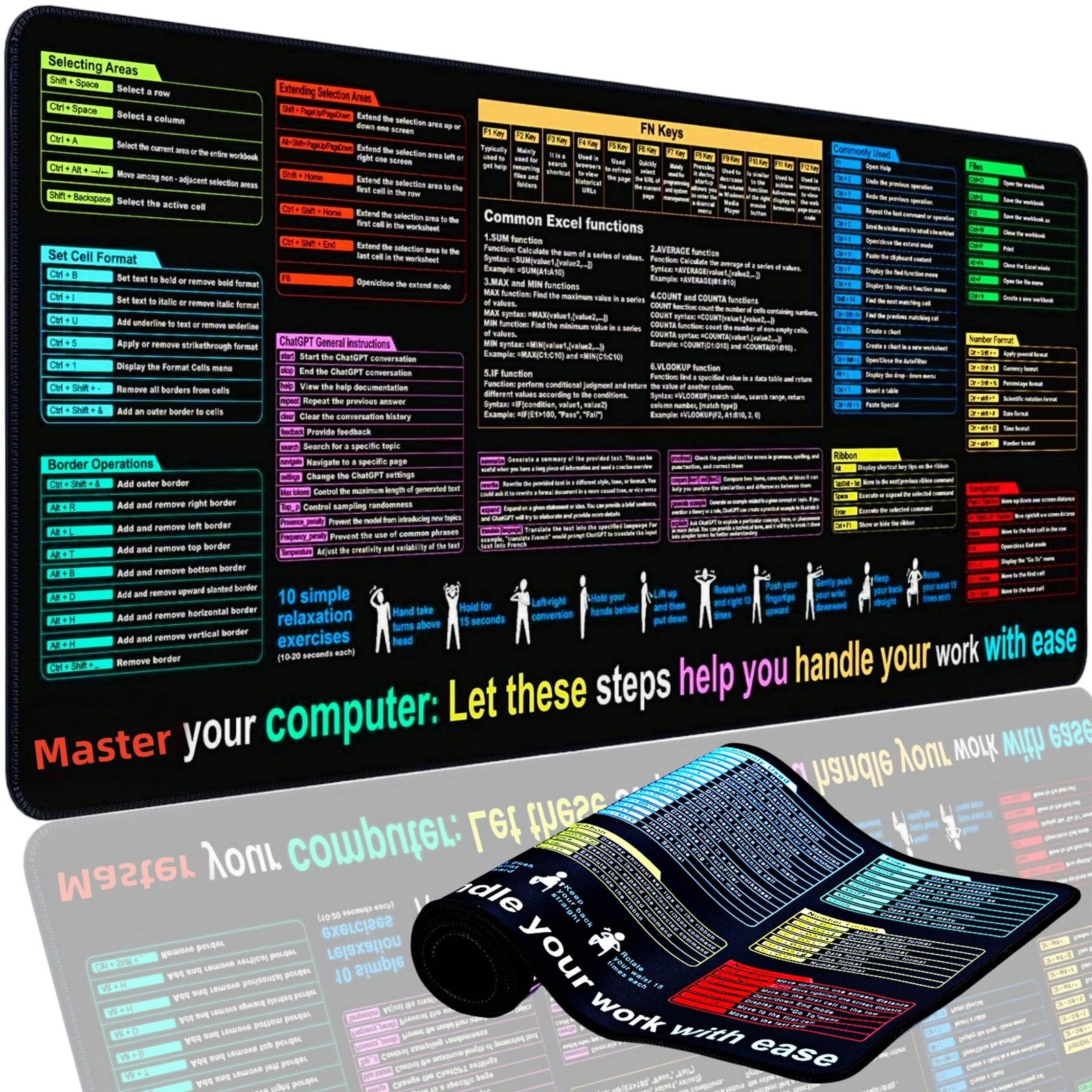 Excel Cheat Sheet Desk Pad Mat 11.8x31.5in  XL Excel Formulas Shotcuts Mouse ...