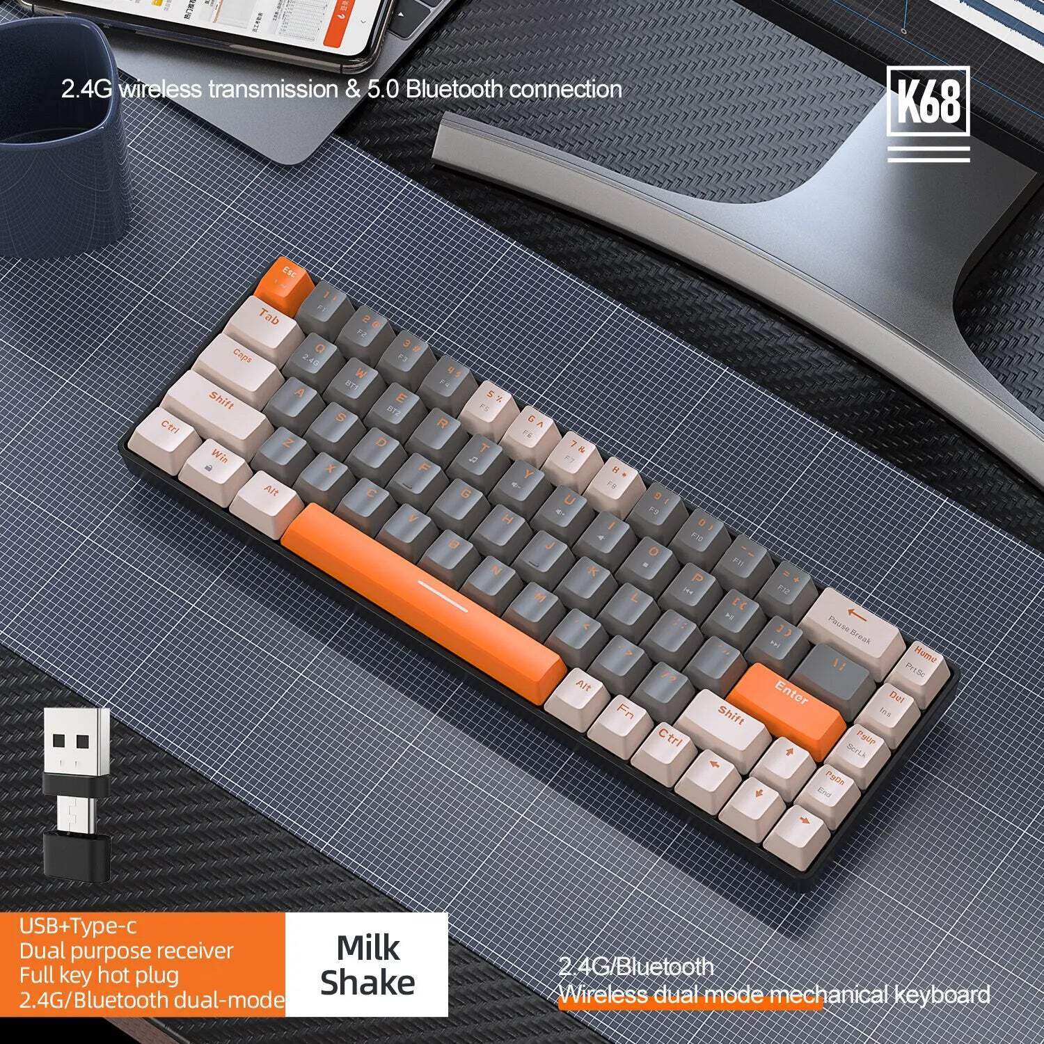60% Wireless Mechanical Keyboard Bluetooth Dual Mode Hot-Swappable Mini 68-Key R