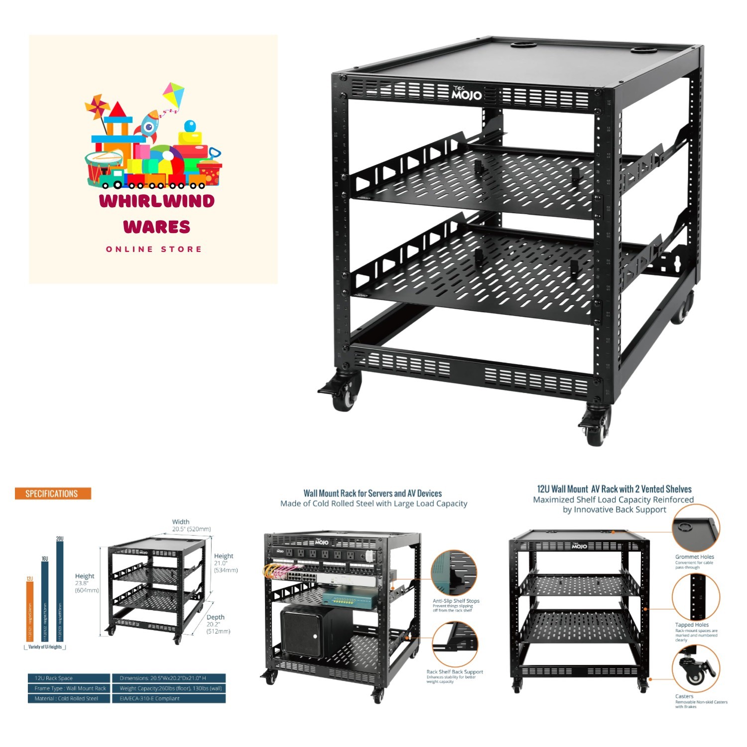 Effortless Setup 12U Network Rack for IT and AV with Casters & 260lbs Capacity