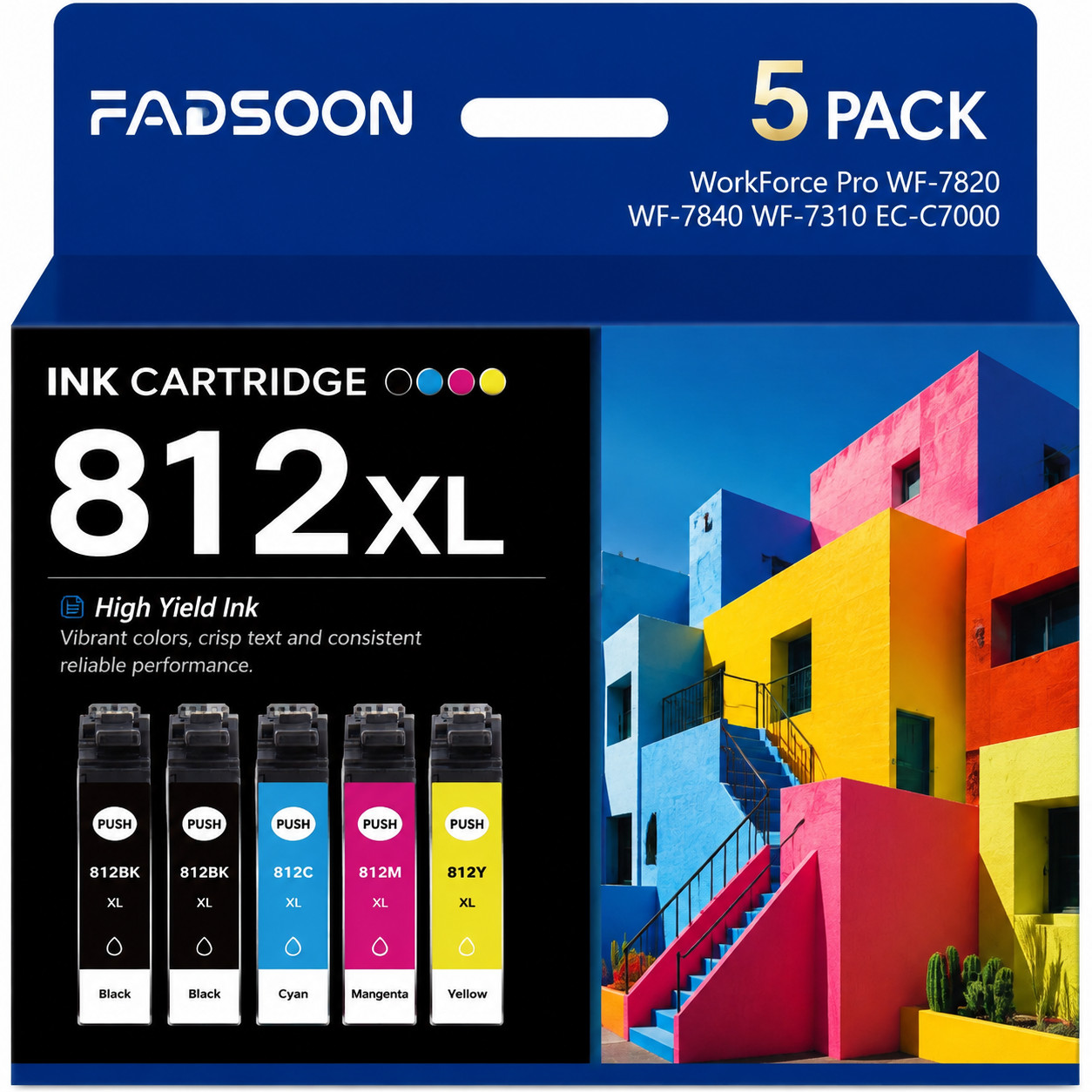 812XL 5PK BK/C/M/Y High Yield Ink Fits WorkForce Pro WF-7840 WF-7820 WF-7310 5PK