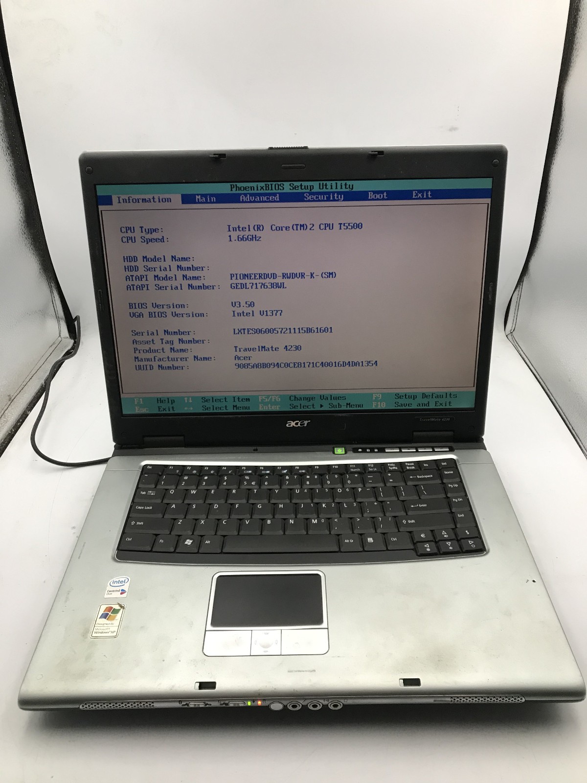 ACER TRAVELMATE 4230 - BOOTS TO BIOS - INTEL 2 T5500 - 2GB RAM - READ DESC - BB