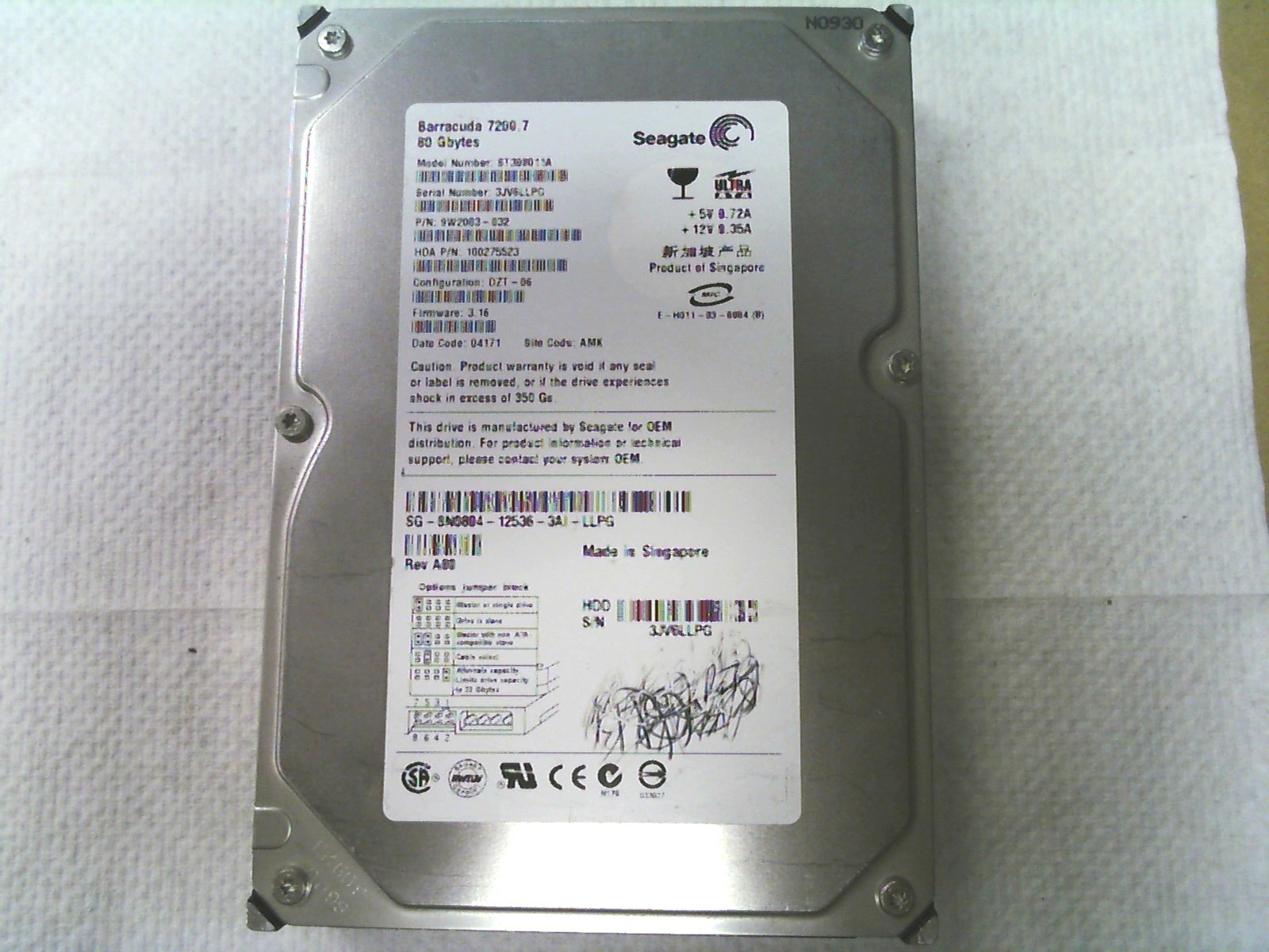 Seagate ST380011A 9W2003-032 100275523 3.16 04171 IDE 80GB HDD Dell N0804