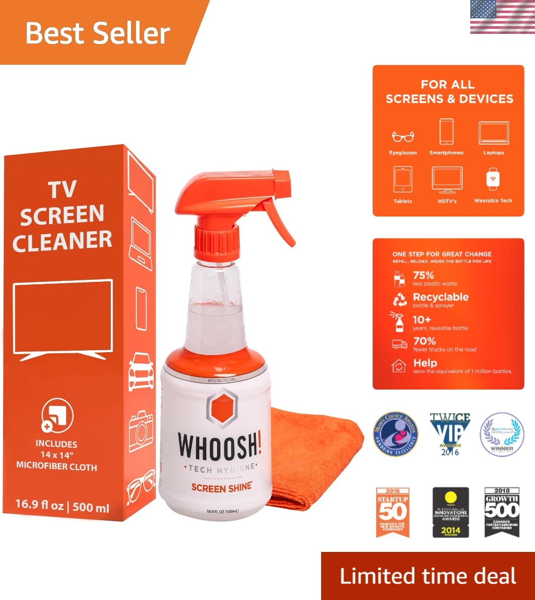 Eco-Friendly 16.9 fl oz TV Screen Cleaner & Microfiber Cloth for All Devices
