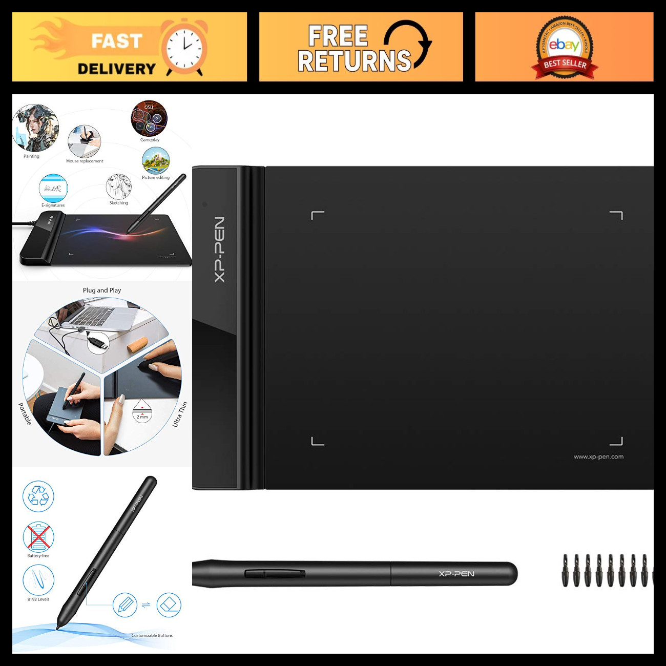 Graphic Drawing Tablet 4x3 inch, 8192 Levels Pressure, Battery-Free Stylus, OSU