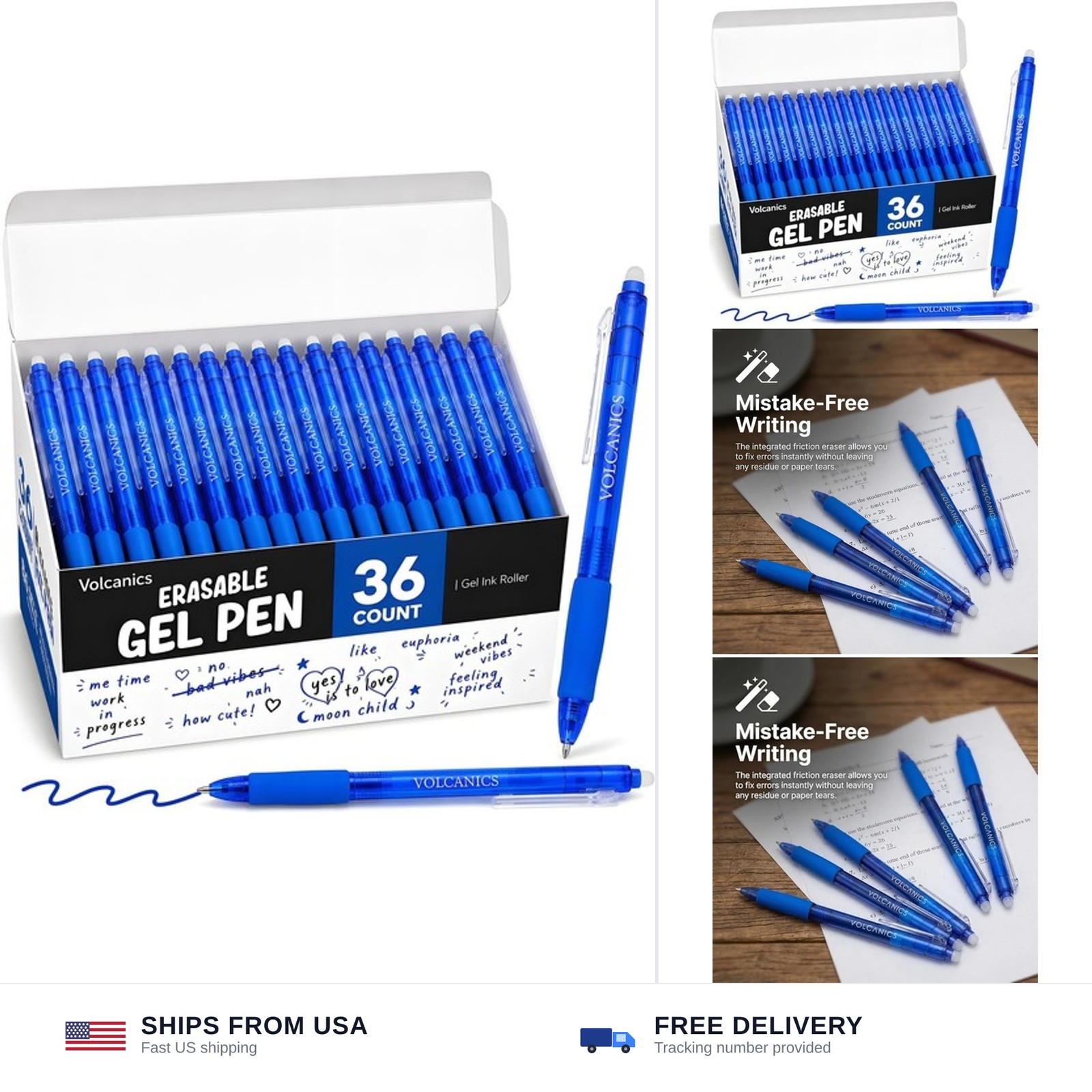 Volcanics Retractable Clicker Erasable Gel Pens, Blue Ink, 0.7mm, 36 Pack | G...