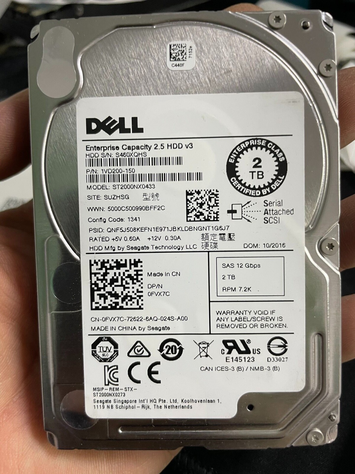 Dell ST2000NX0273 2TB 7.2K 12Gb SAS 2.5" Server HDD PN 0XY986 0FVX7C 0TMVN7 0463