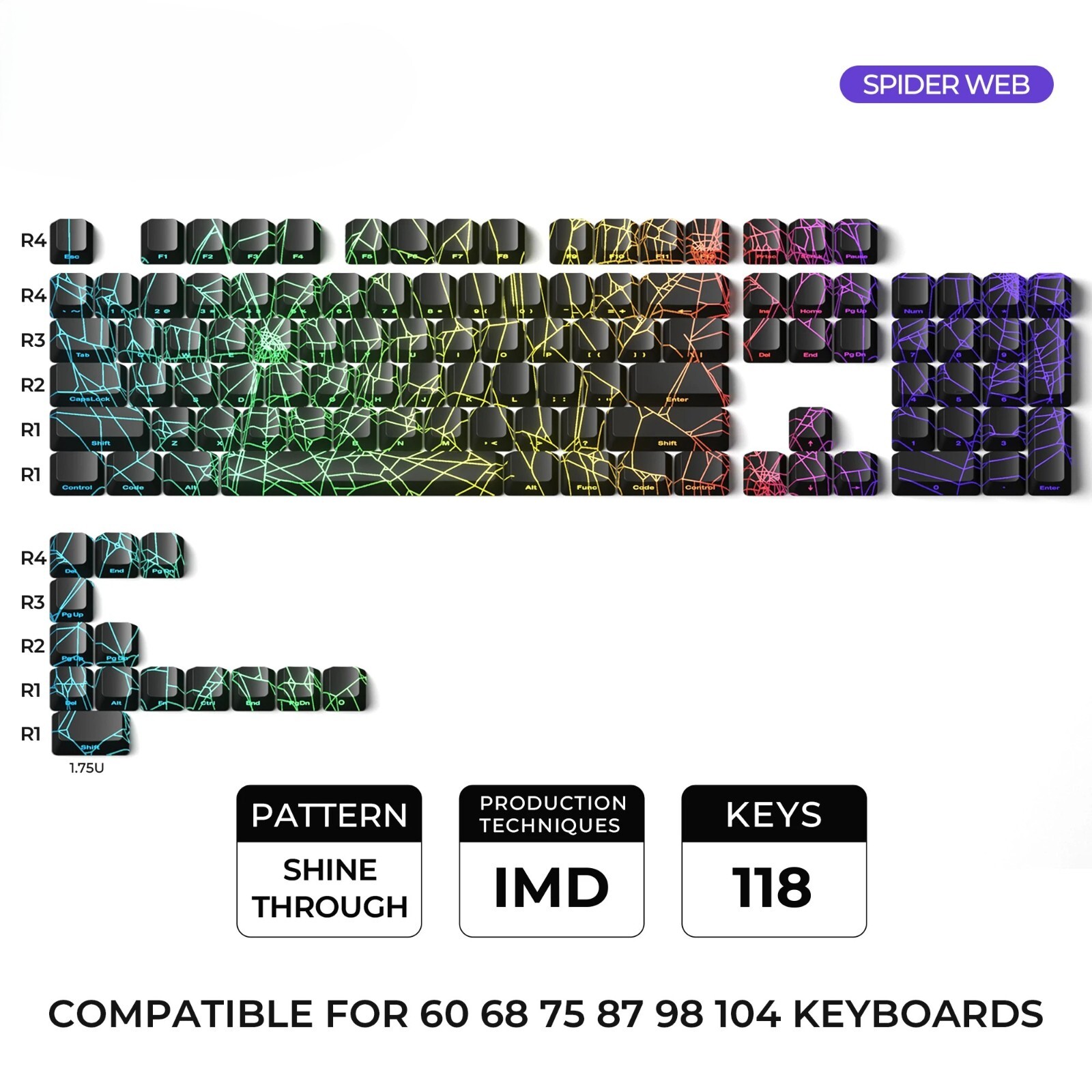 SPIDER WEB Shine-Through OEM Profile Keycap Set 118 Keys Black/White No Keyboard