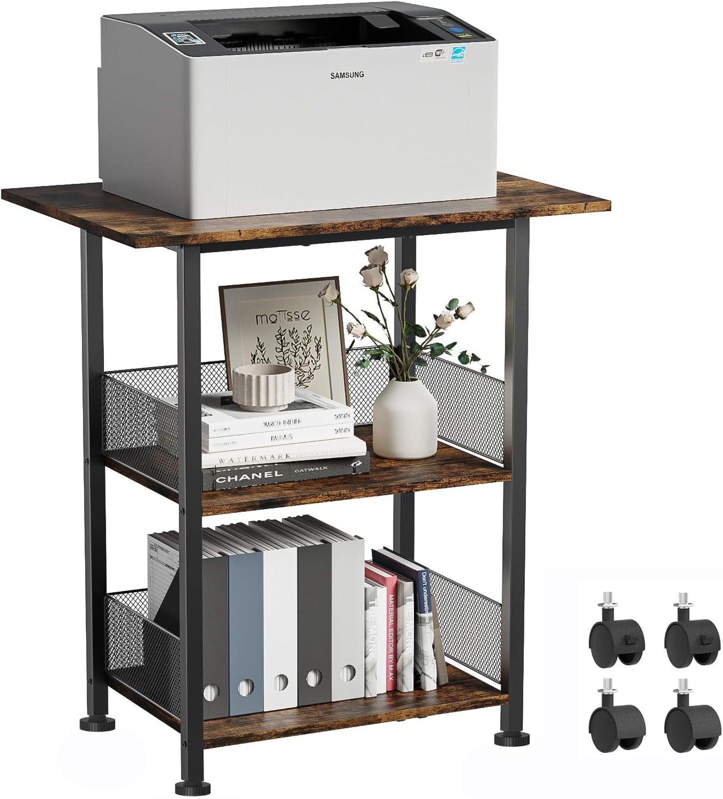 Printer Stand, 3-Tier Industrial Large Printer Table with Shelf, 23"x15" Mobile
