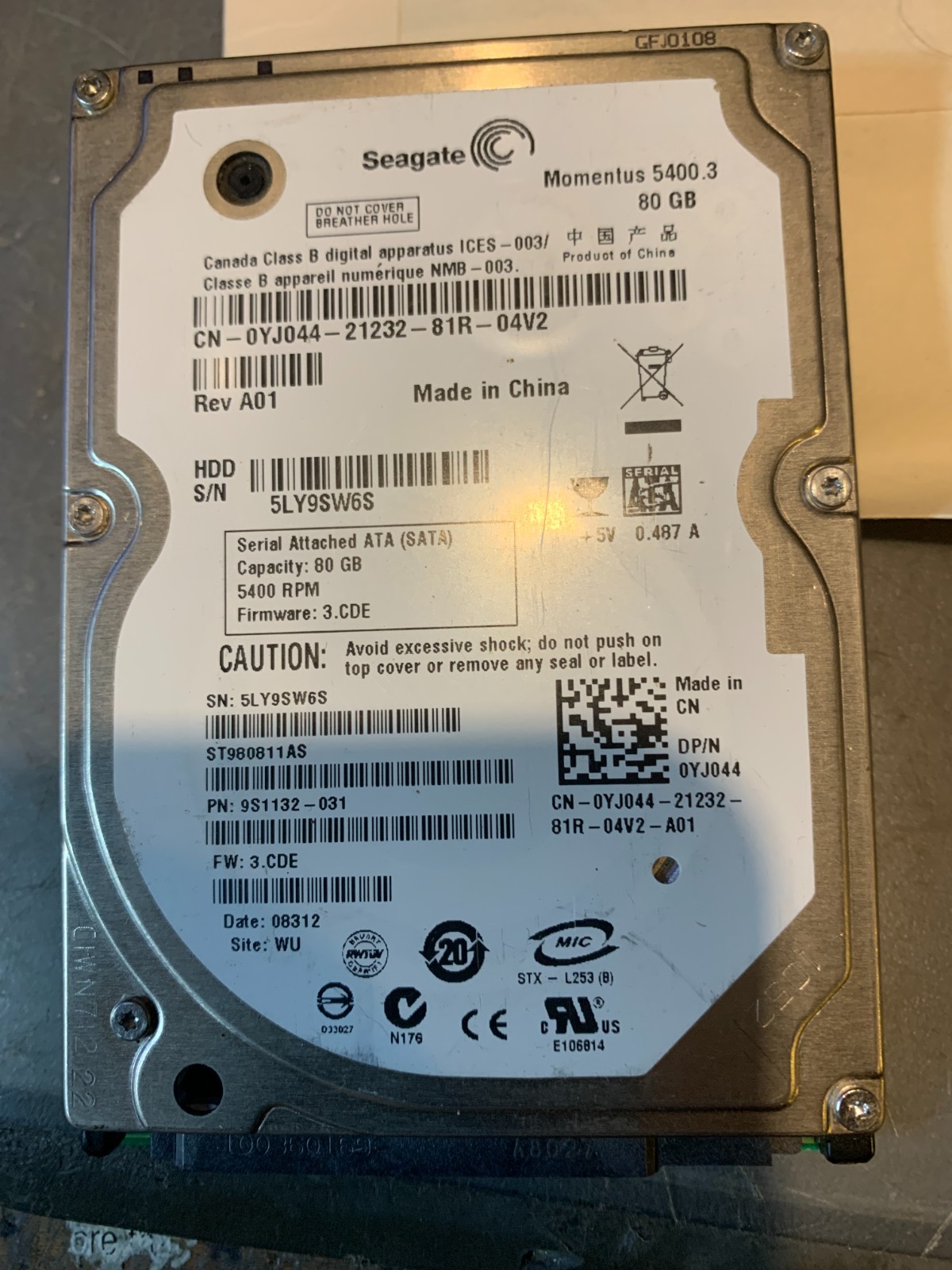 Seagate ST980811AS 9S1132 80GB HD 5400.3 Momentus
