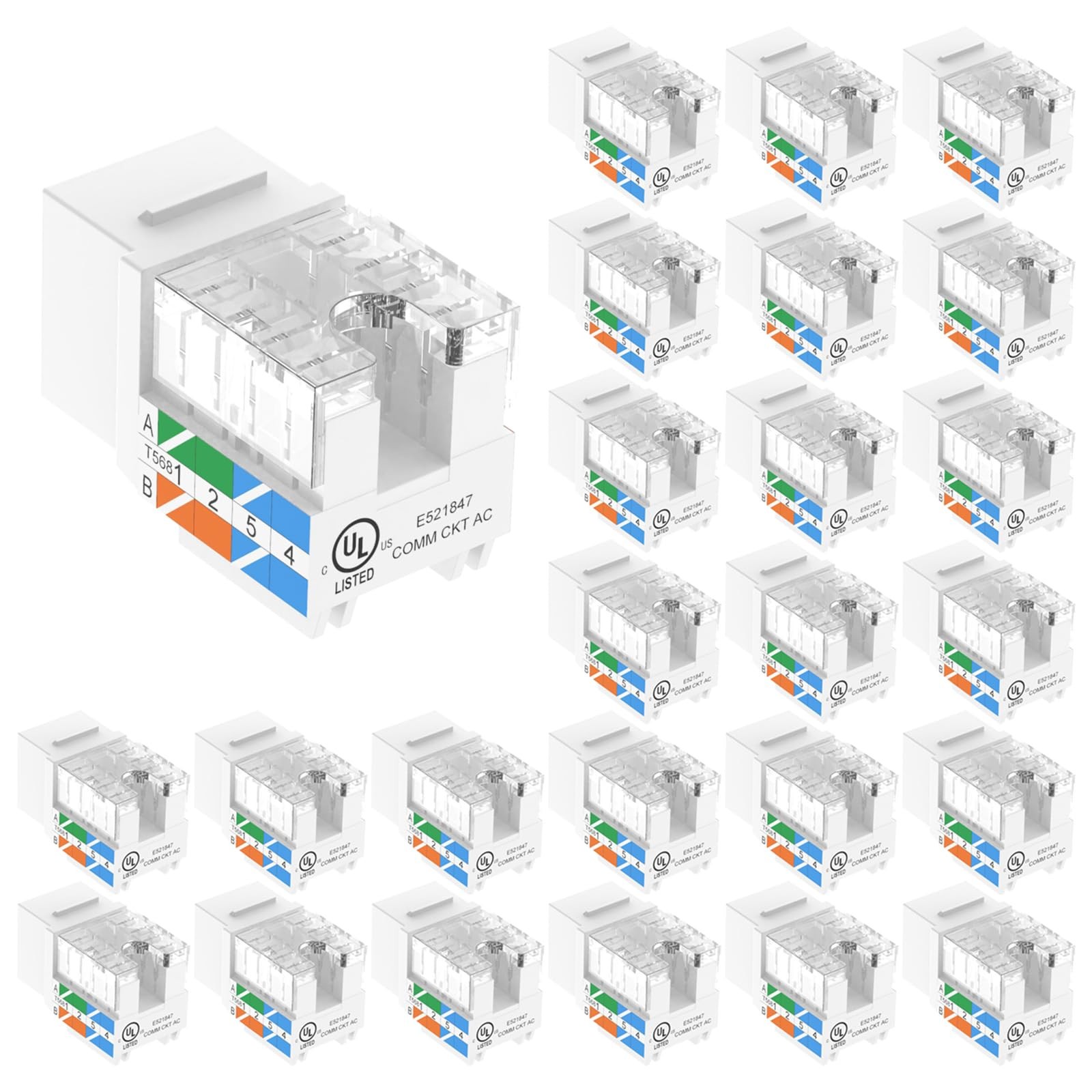 VCE UL Listed Cat6 90 Degree Punch Down Keystone Jacks 10Gbps 25-Pack, White