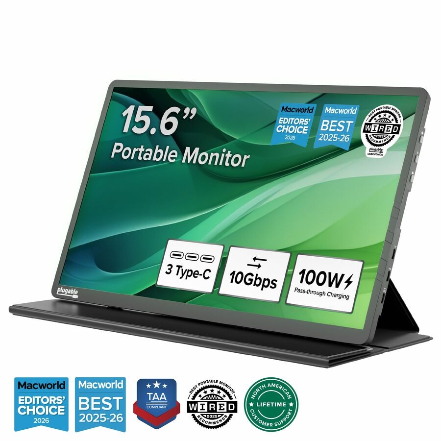 Plugable USBC-PDMON 15.6" Portable USB-C Monitor 1080P FHD IPS 100W Pass-Through