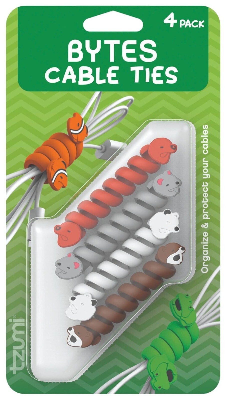 Tzumi Bytes Cable Ties 4-Pack Cute Animal Wire Organizers Spiral Cord Clips Kids