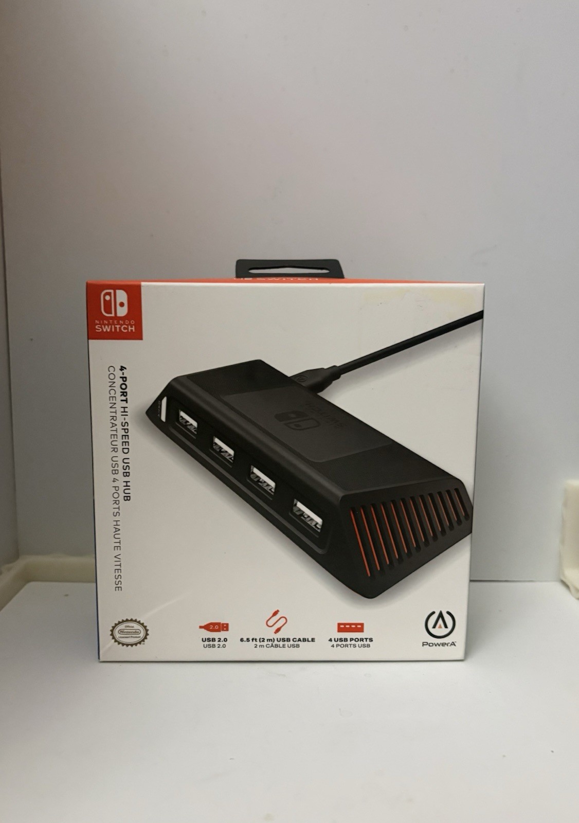 PowerA Nintendo Switch 4-Port USB-C Hub 6.5ft Detachable Cable LED Black/Red