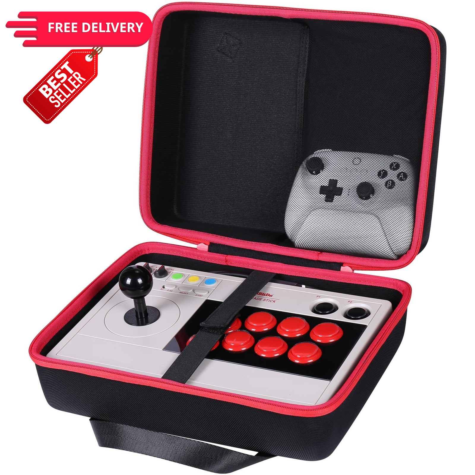 co2CREA Hard Case Compatible with 8Bitdo Arcade Stick M, Black case + red zip