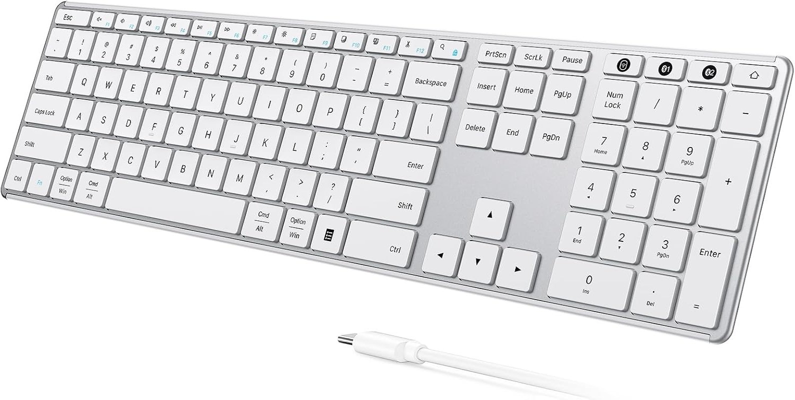 Wireless BT Keyboard Full Size Rechargeable 3 Device Quiet USB C White/Silver