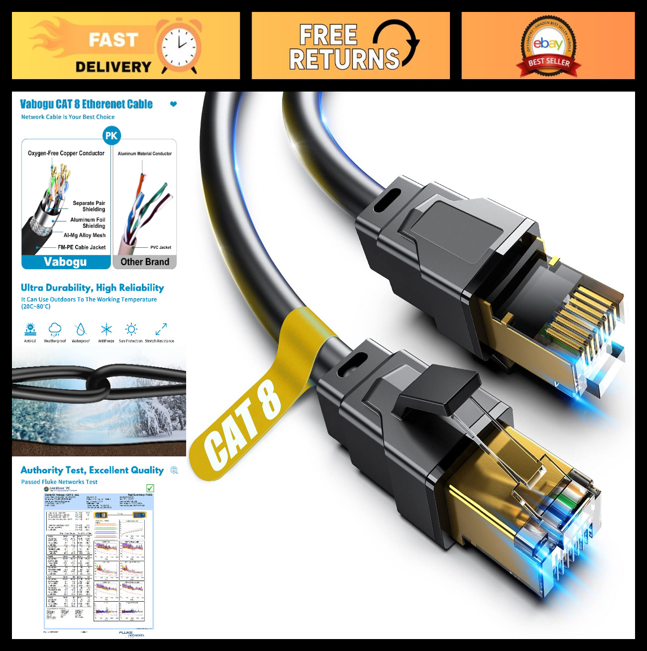 High-Speed Cat 8 Ethernet Cable 15FT, 40Gbps, 2000MHz, Ultra-Fast Network Cable