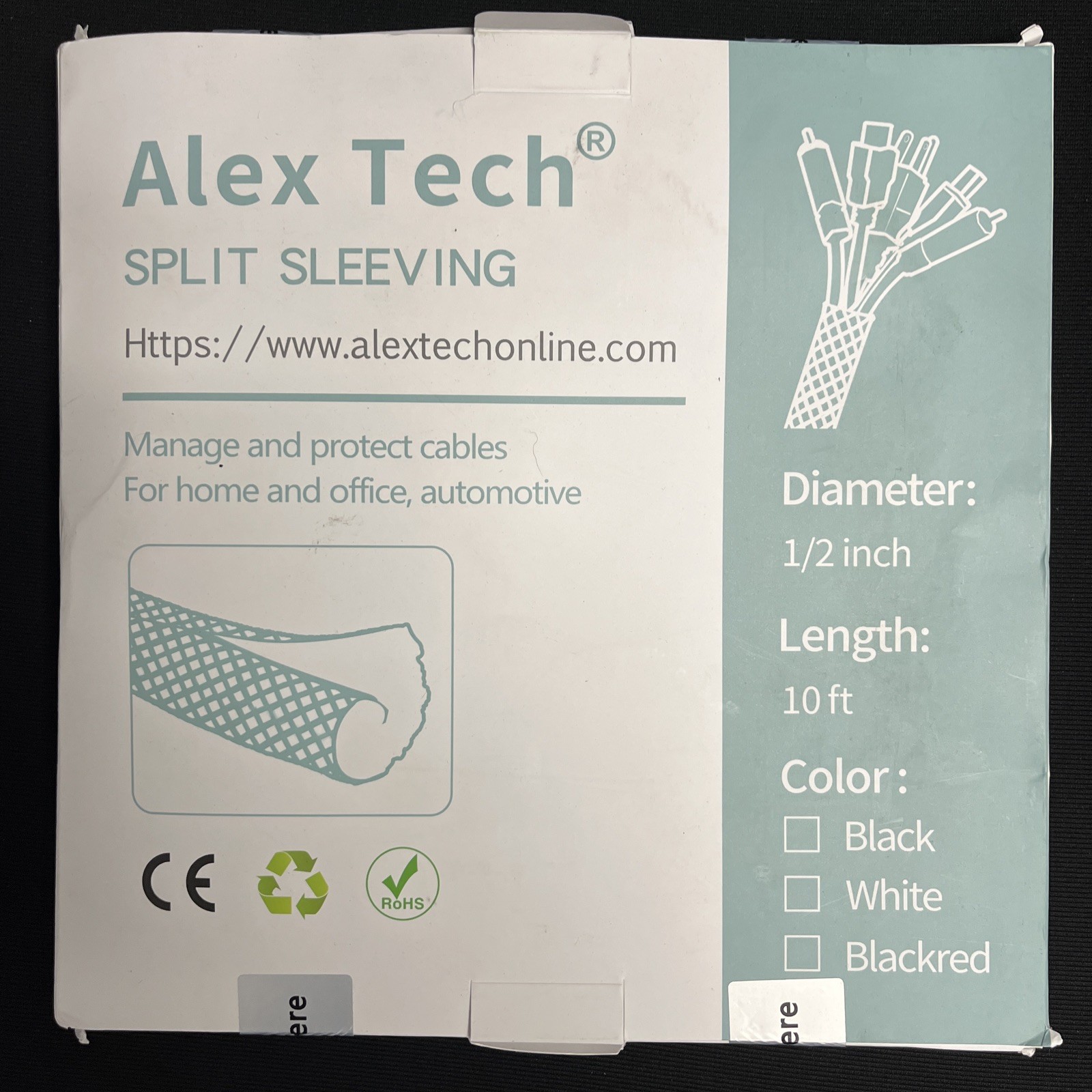 Alex Tech Split Sleeving Cable Protector 10ft - Black - New 1/2 Inch