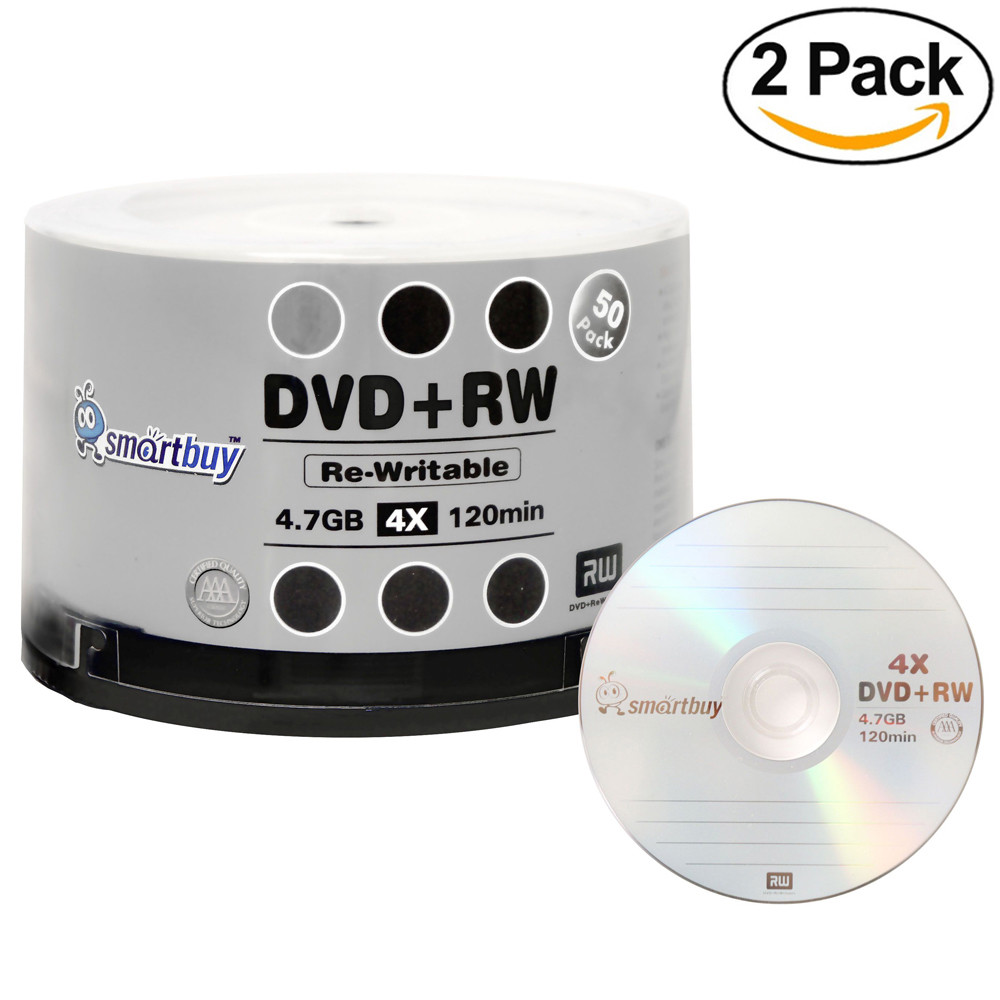 100 Pack Smartbuy Blank DVD+RW 4x 4.7GB Branded Logo Rewritable DVD Media Disc