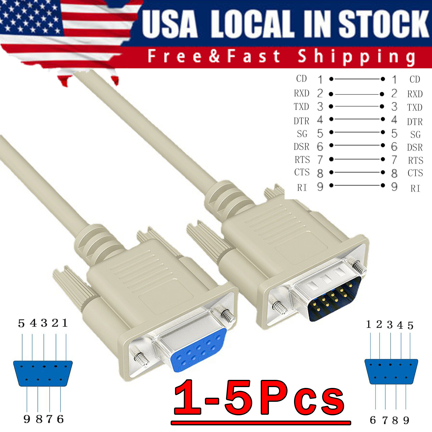 DB9 RS232 Male to Female Serial Port Extension Cable Cord3ft/5ft/10ft/16.4ft Lot