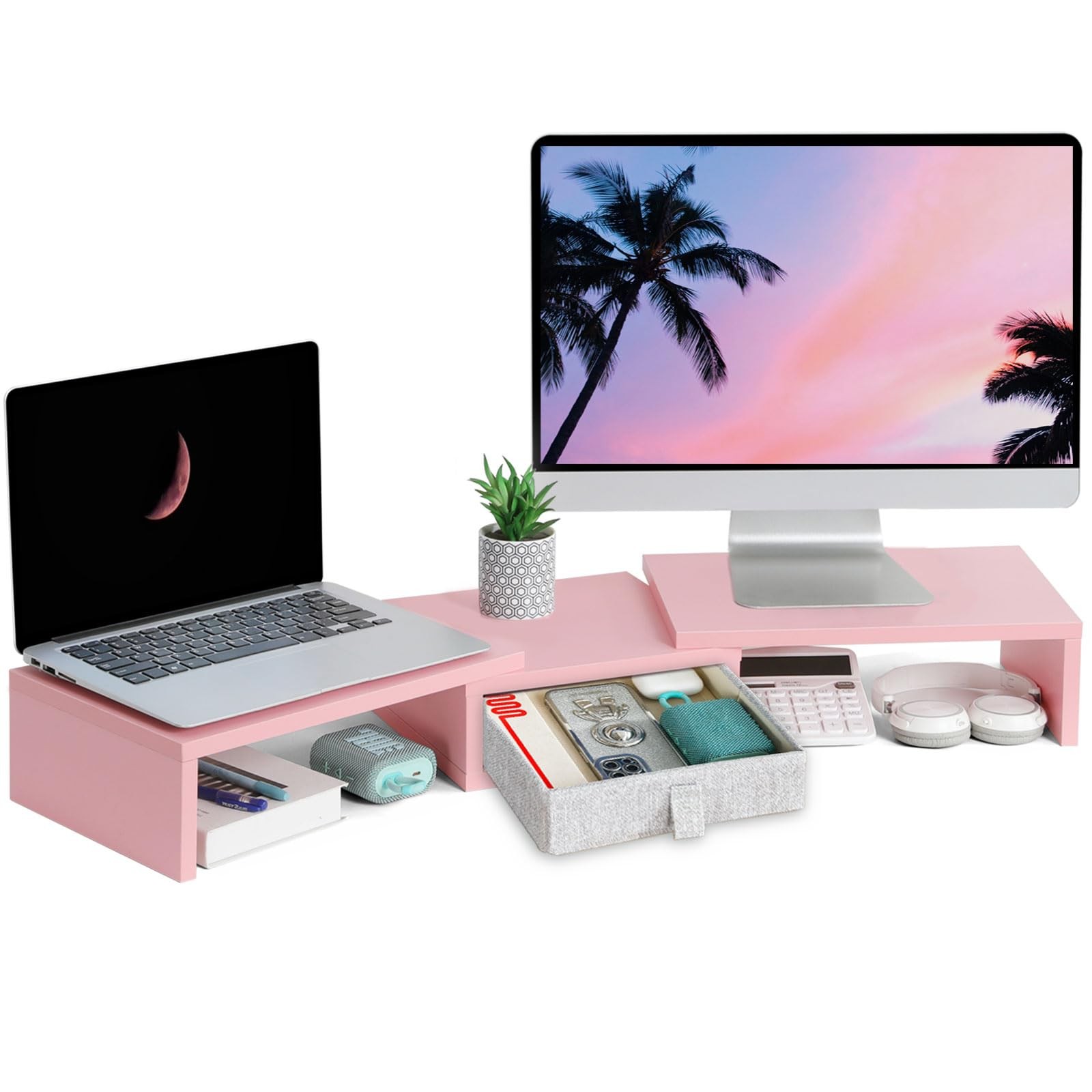 TEAMIX Pink Dual Monitor Stand Riser with Drawer - Length and 1 Drawer,
