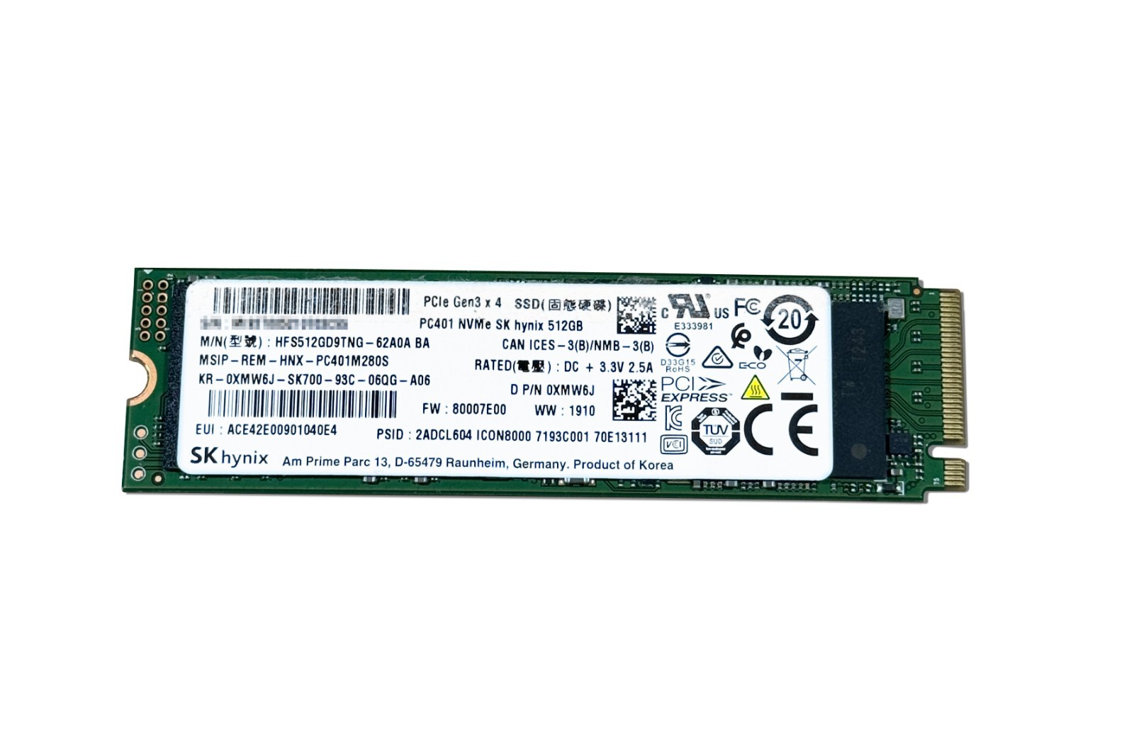 SK Hynix 512GB PCle Gen3 M.2 2280 NVMe SSD Solid State Drive HFS512GD9TNG-62A0A