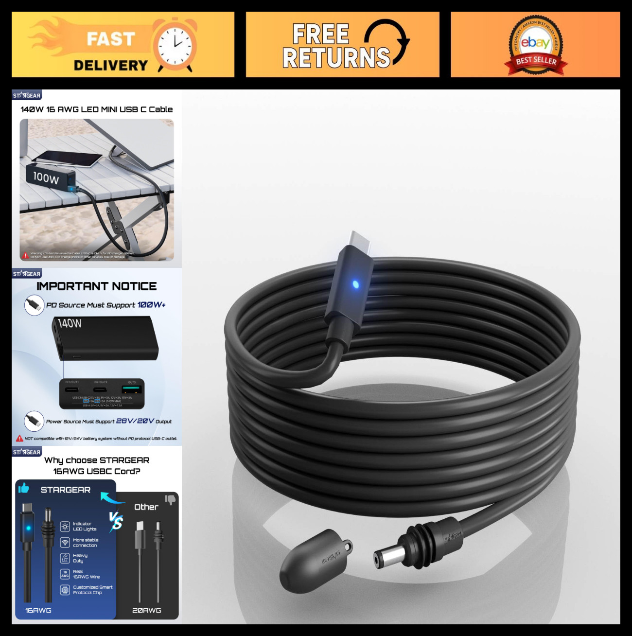 16.4FT USB C to DC Cable, 16AWG with Indicator Light, 140W for Starlink, 28V PPS