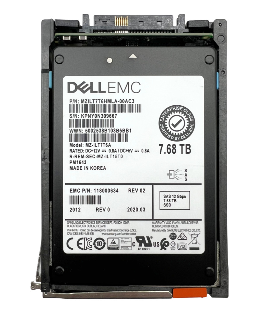 005052556 EMC 7.68TB SAS 12Gbps 2.5in FLASH SSD 118000634 Samsung MZ-ILT7T6A 512