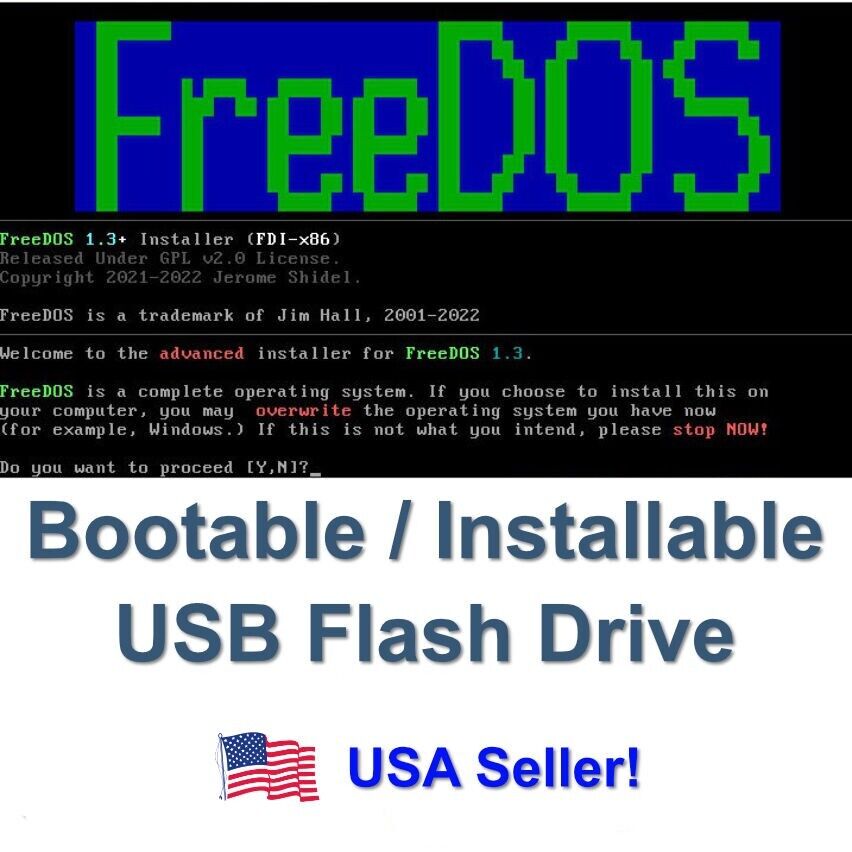 FreeDOS 1.3 RC5 Bootable or Installable MS DOS Compatible OS 16G USB Stick