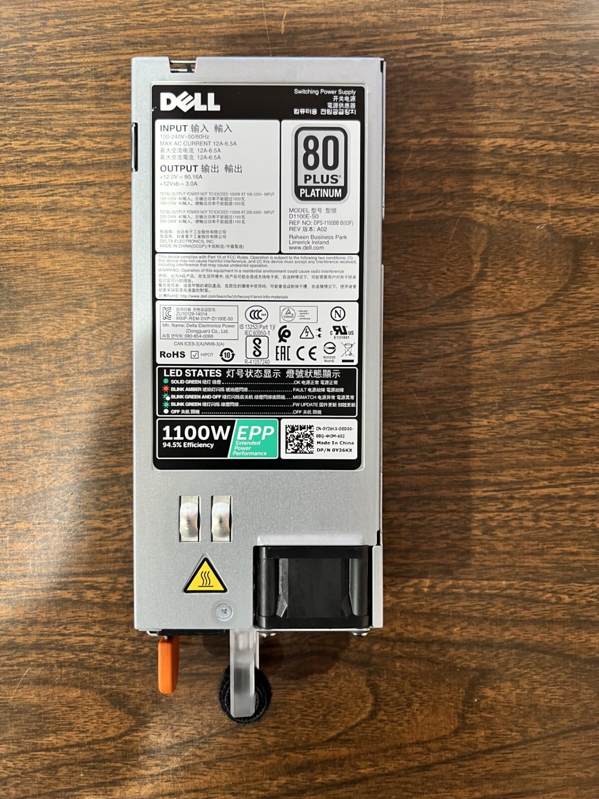 Dell Y26KX PowerEdge R630 R730 1100W  0Y26KX Power Supply