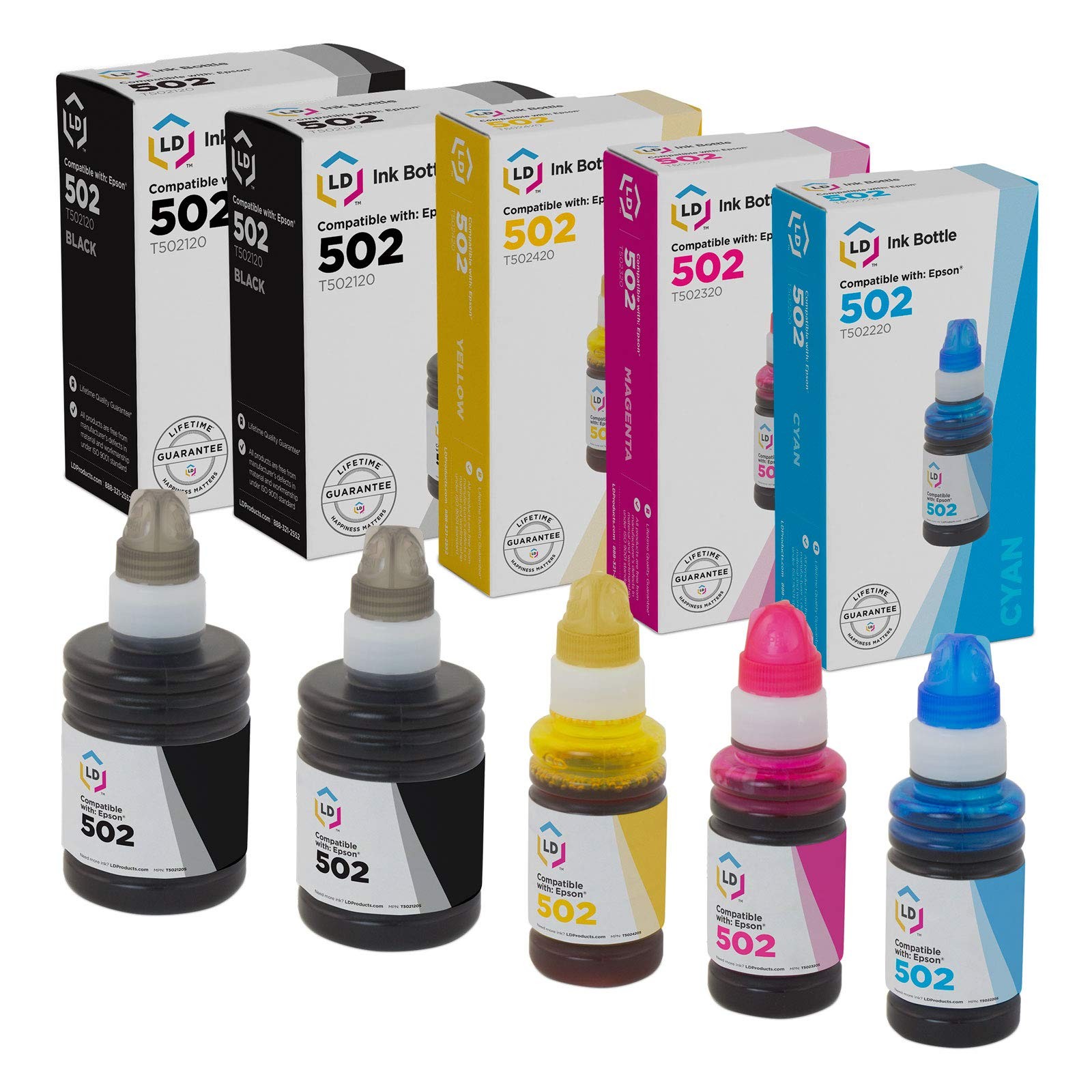 LD Replacement for Epson 502 Ink Bottle Set: 2 Black, 1 Cyan, 1 Magenta 1 Yellow