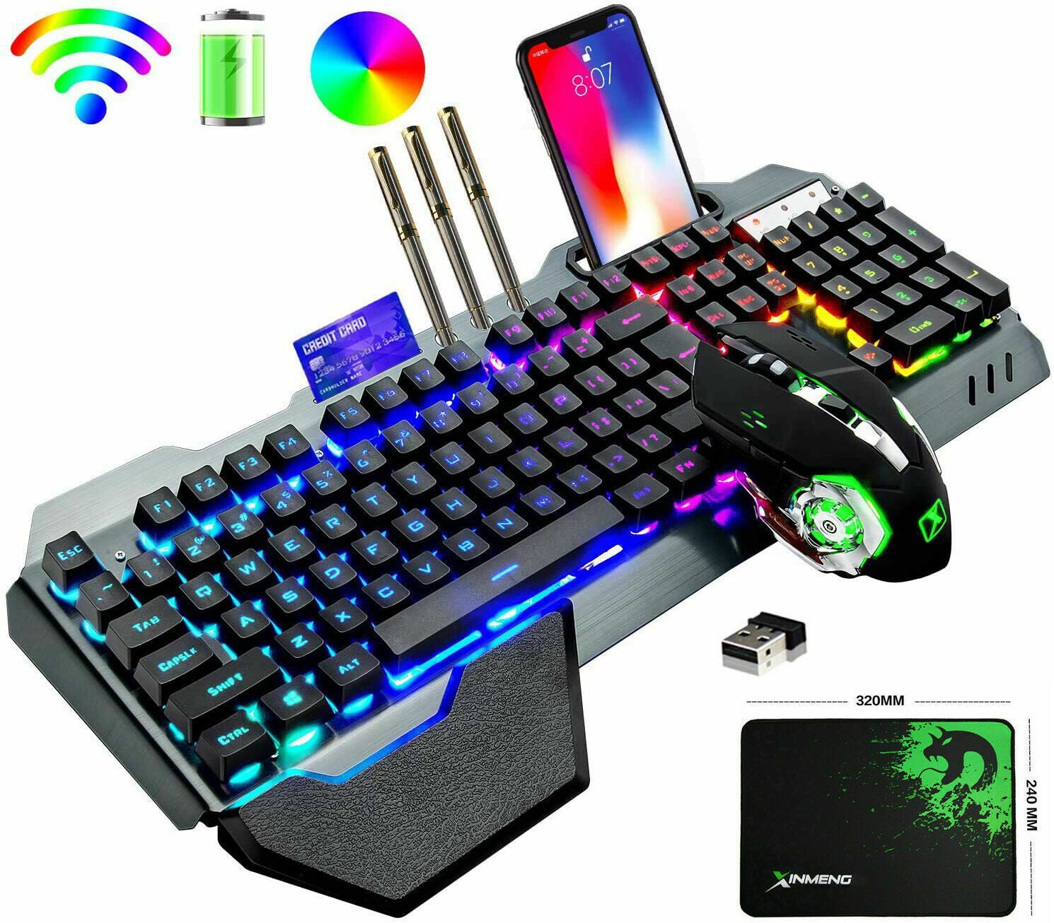  Rechargeable 4800mAh Wireless Keyboard and Mouse Combo RGB LED Backlit For PS4