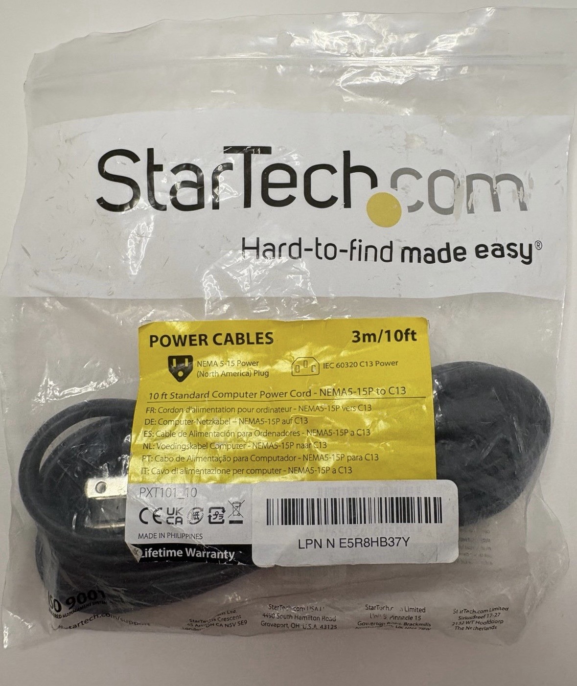 Startech 10ft (3m) Computer Power Cord, NEMA 5-15P to C13 10A 125V 18AWG Black