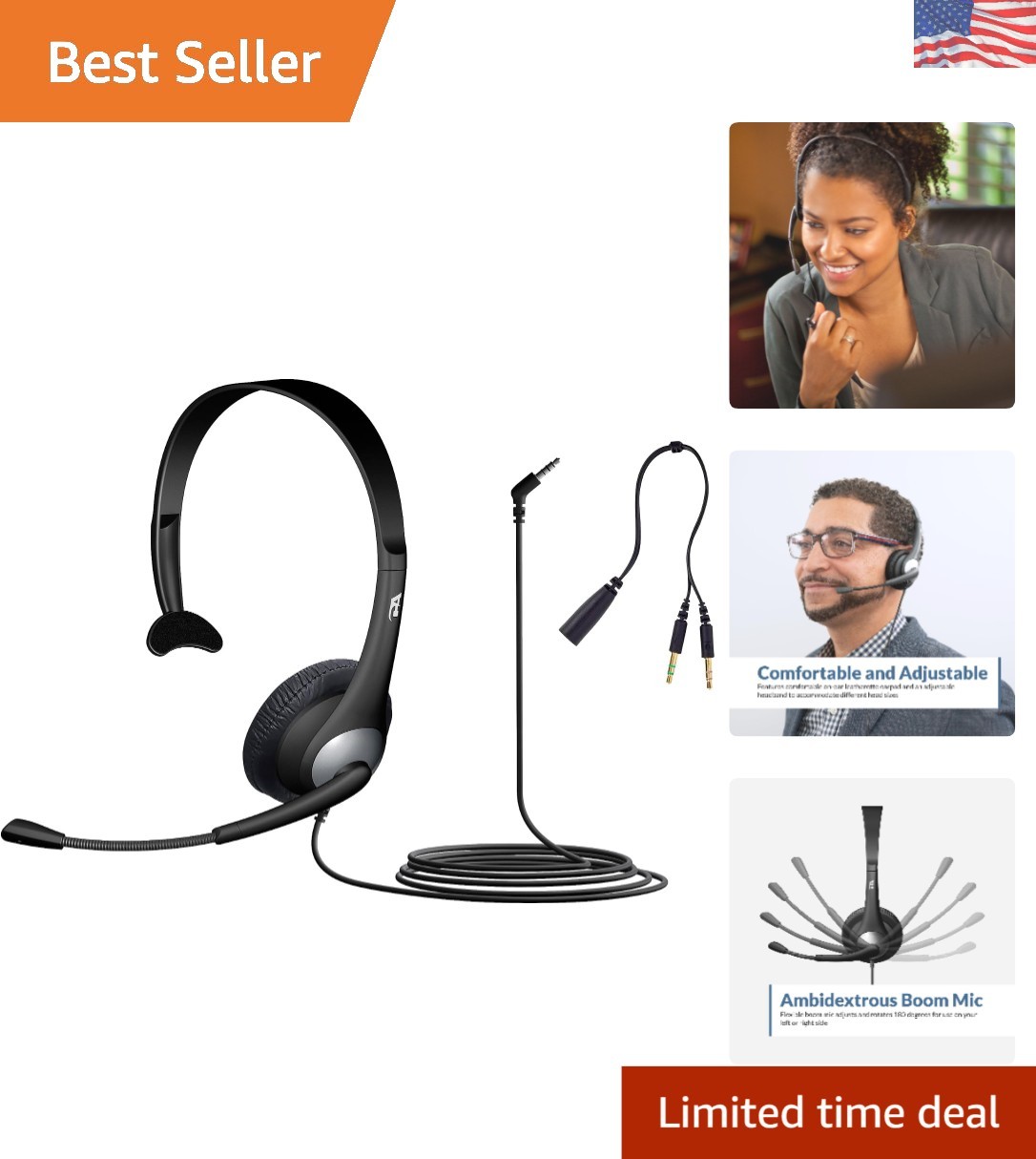 Lightweight AC-104 Mono Headset with Retractable Cable and Touch Control