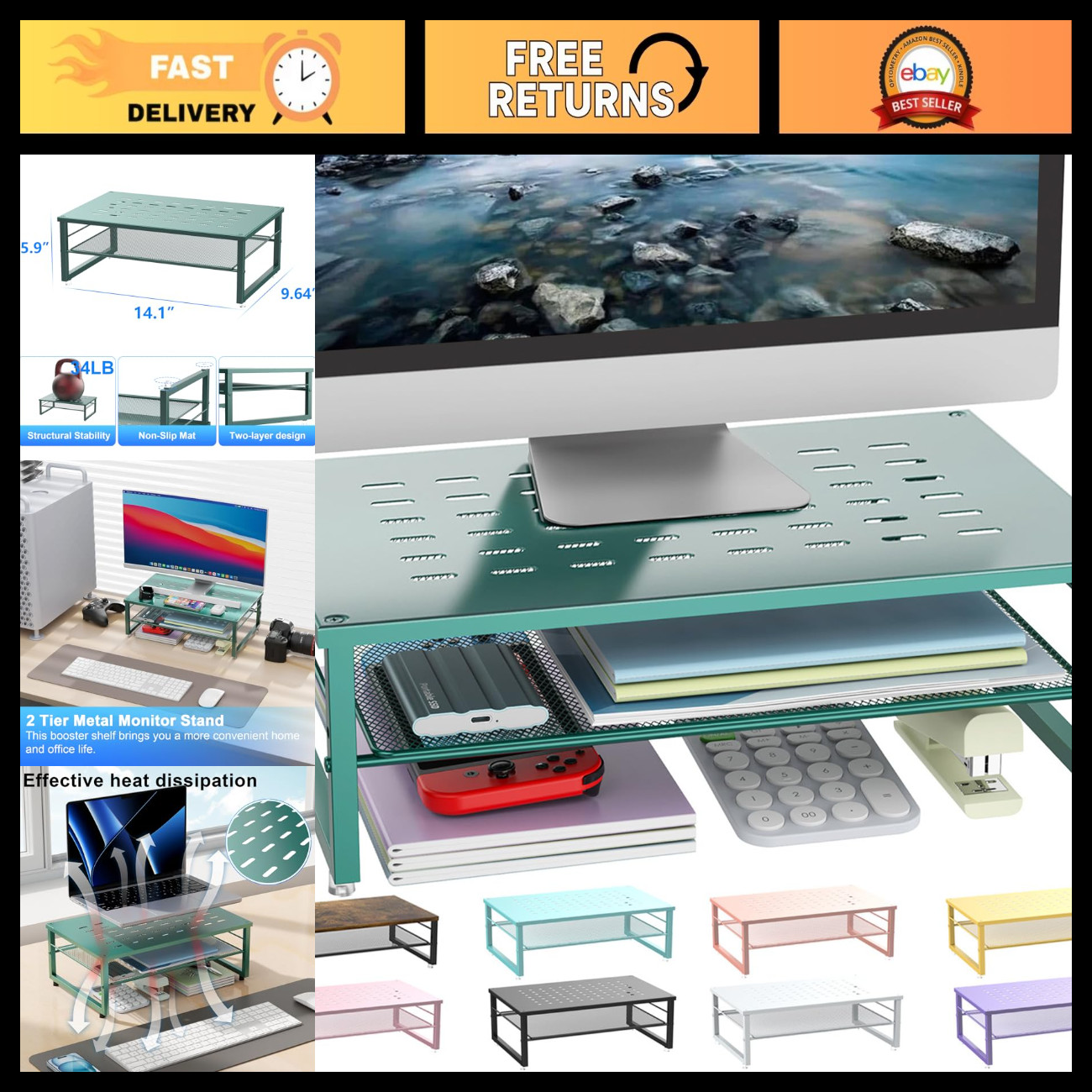2-Tier Metal Monitor Stand Riser, Adjustable Height, Desk Organizer, Space Saver