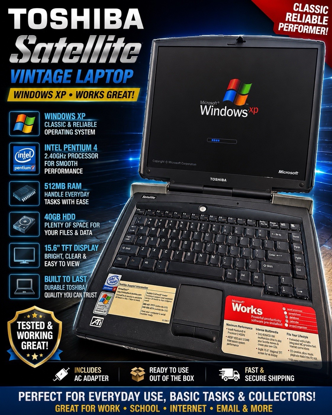 Toshiba Satellite Windows XP Laptop Pentium 4 Tested Working w/ Charger WiFi