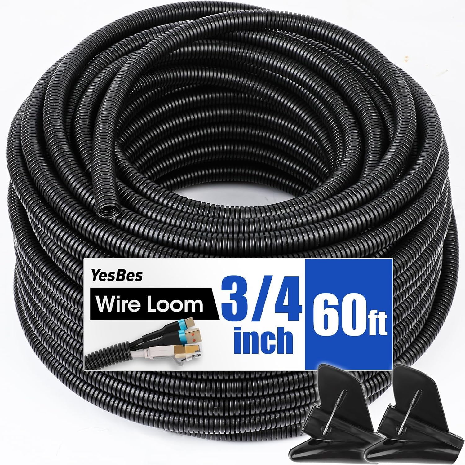 3/4 Inch Split Wire Loom Tubing 60ft Black Cable Conduit Protector Sleeve