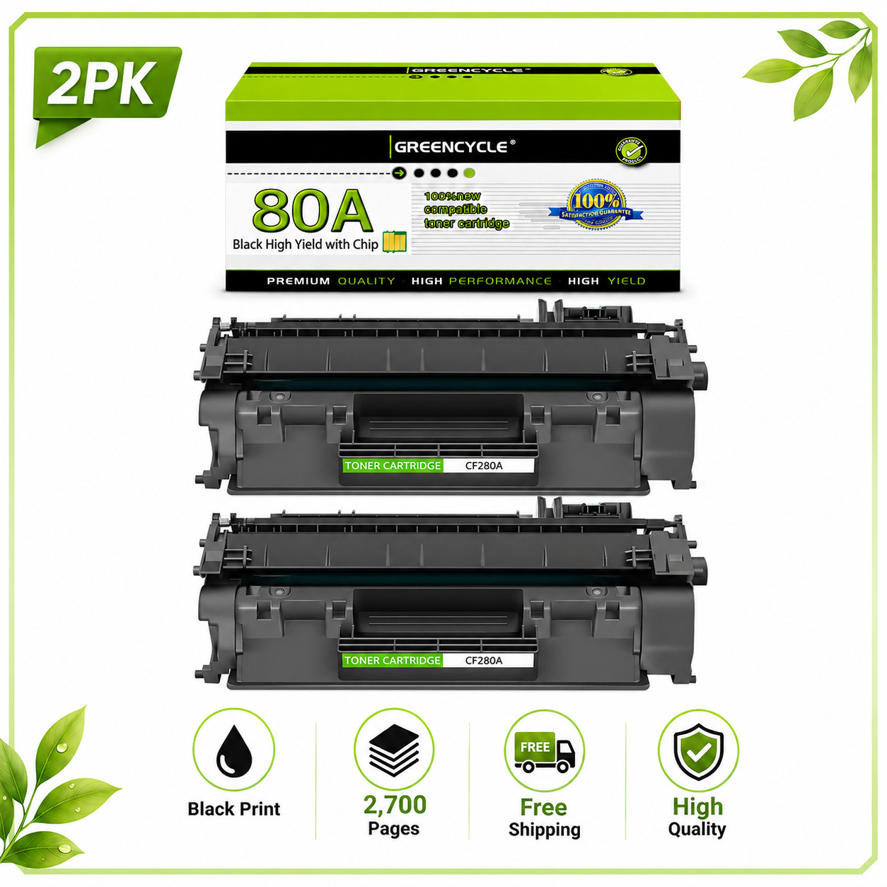 2-Pack 80A Toner Compatible HP CF280A LaserJet Pro 400 M401n M401dw