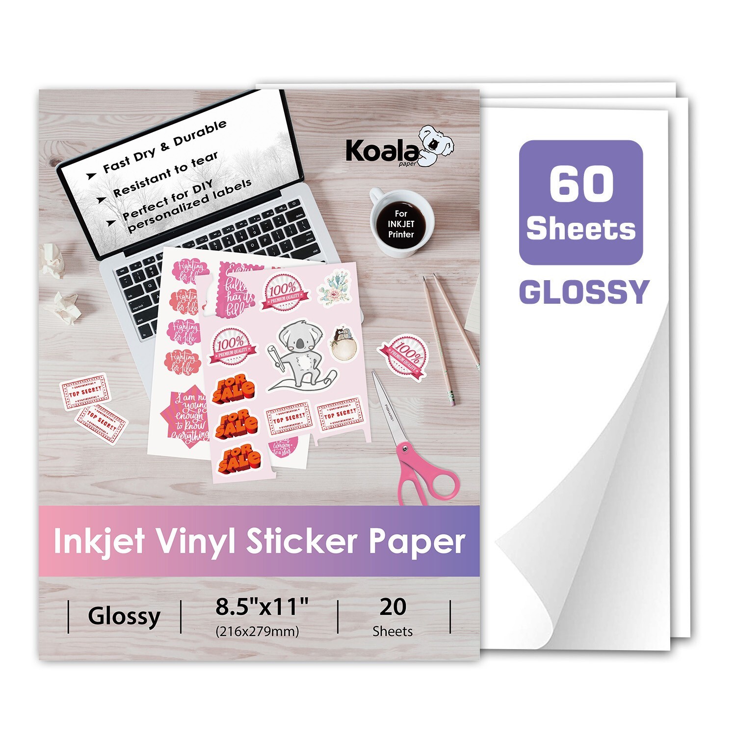 Koala Printable Vinyl Sticker Paper Waterproof Glossy Inkjet Printer 60 Sheets